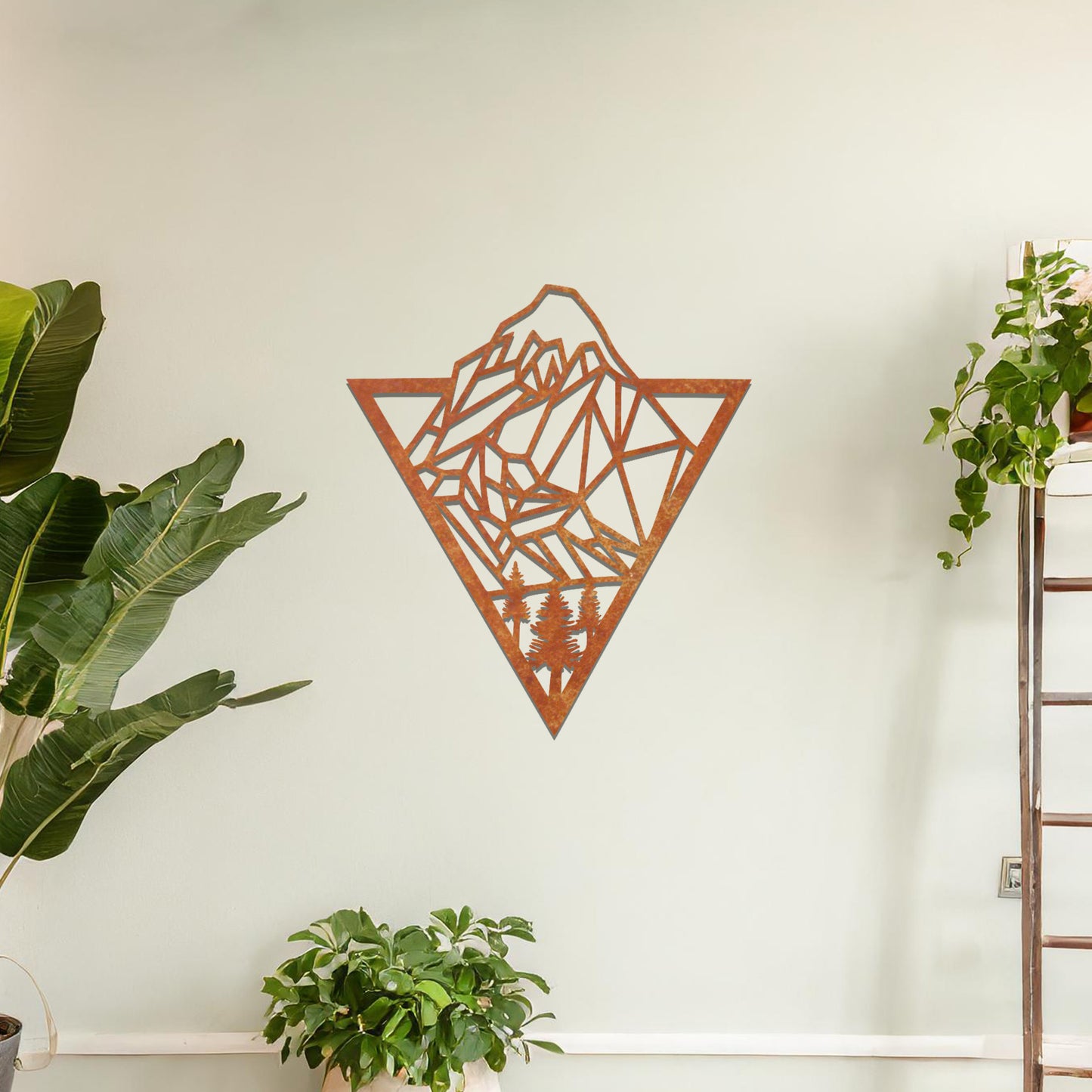 Geometric mountain and forest design within a triangular frame, offering a modern and minimalist aesthetic for a nature-inspired wall art piece.