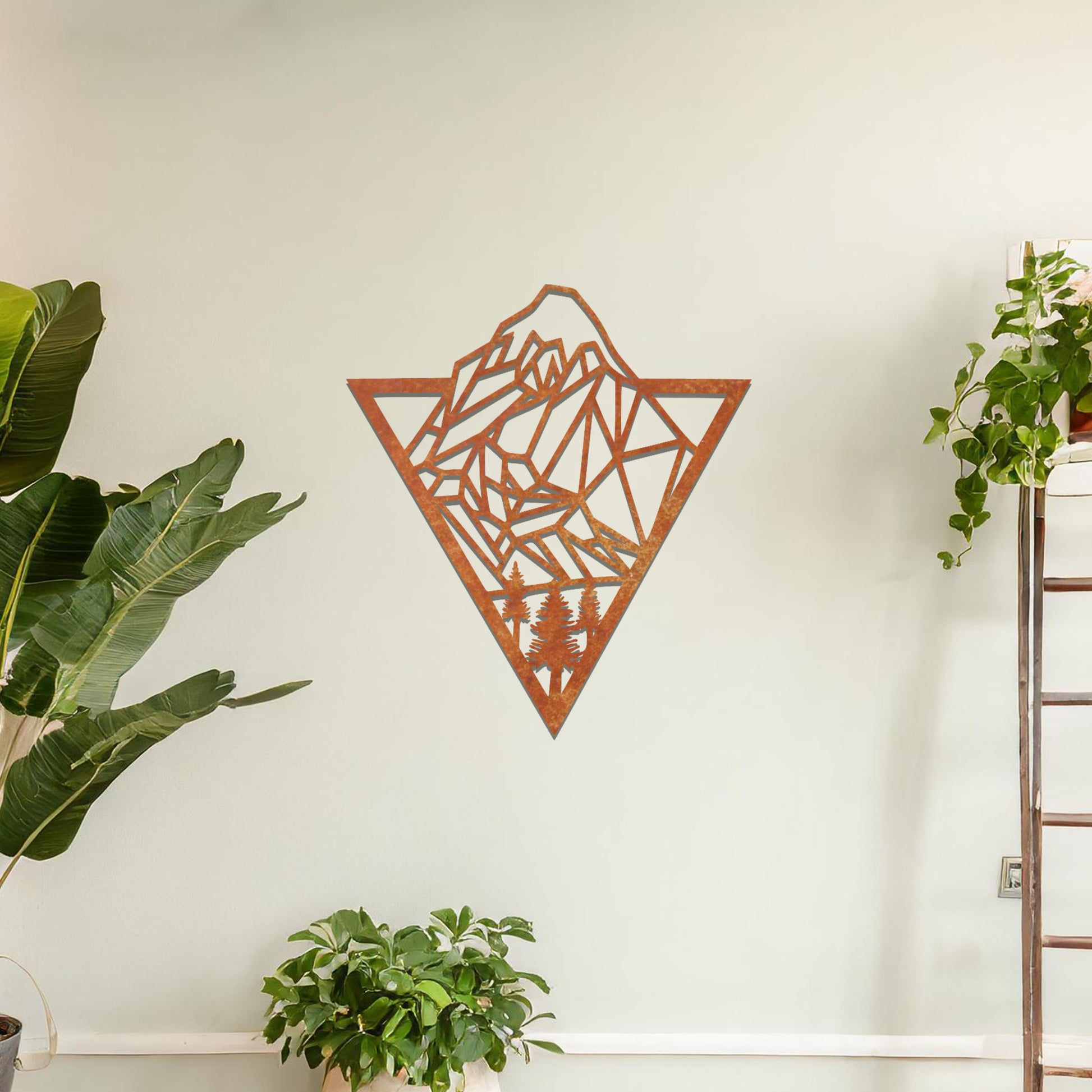 Geometric mountain and forest design within a triangular frame, offering a modern and minimalist aesthetic for a nature-inspired wall art piece.