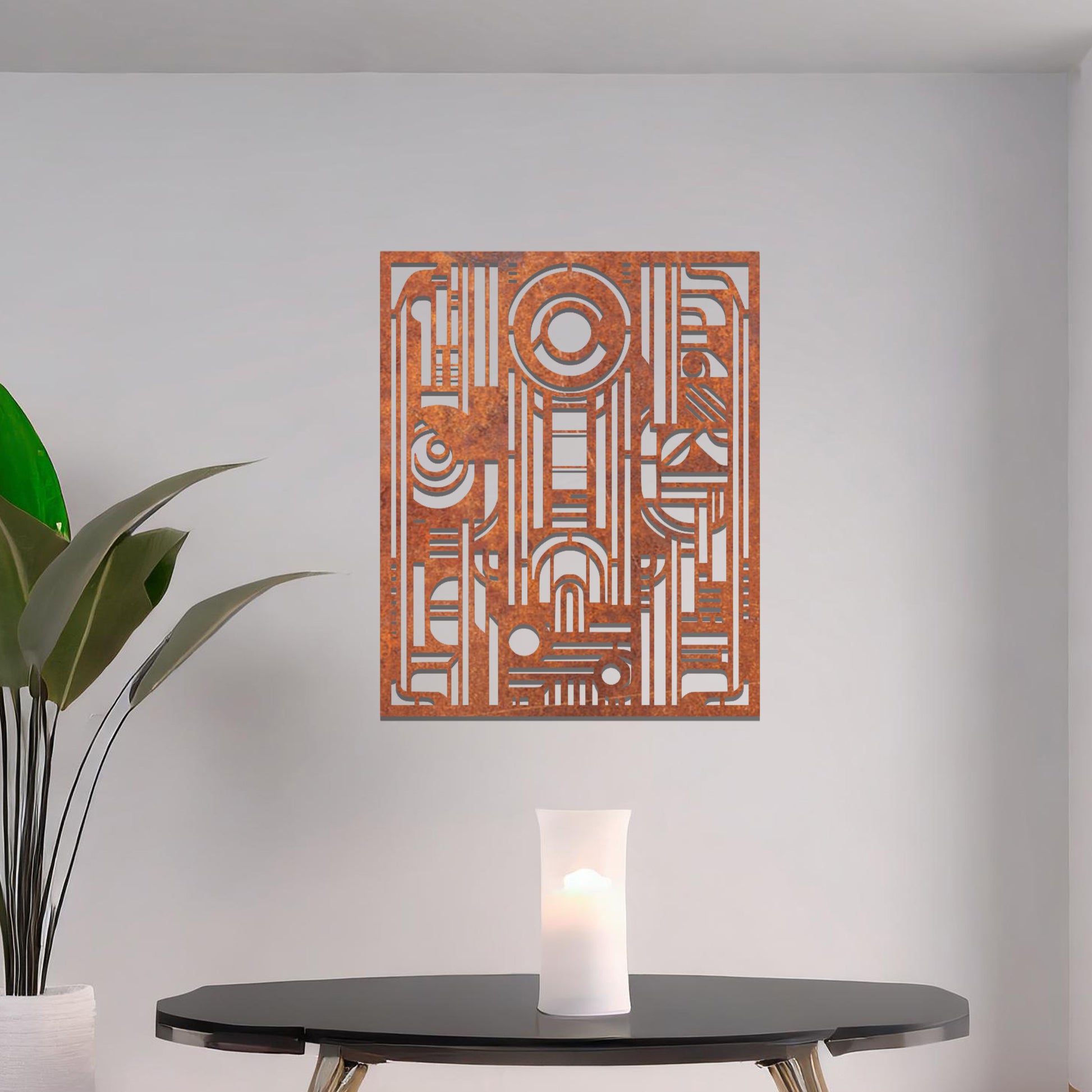 A geometric metal wall art featuring an intricate pattern with a combination of circles, lines, and arches. The design is framed within a rectangular shape, displayed on a neutral wall. The piece adds a modern touch to the room's decor.