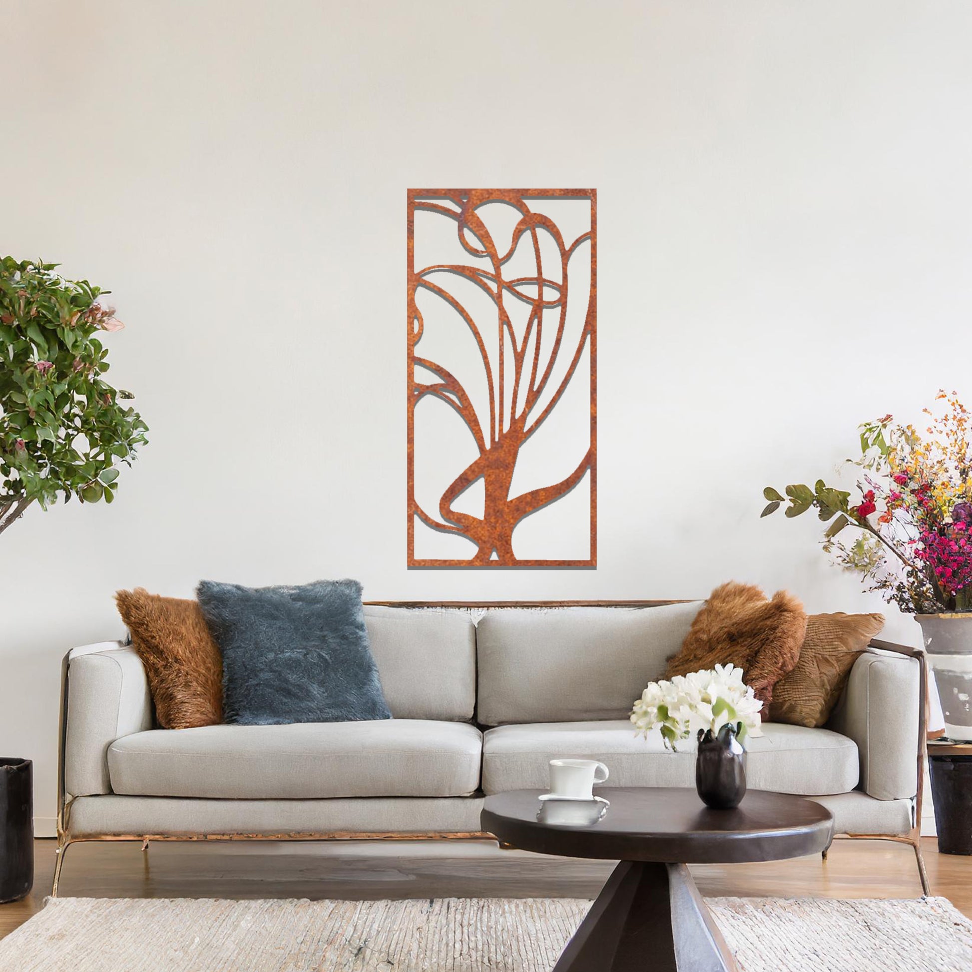 Metal wall art featuring a rectangular abstract design with flowing, interconnected lines, adding a modern and artistic element to the space.