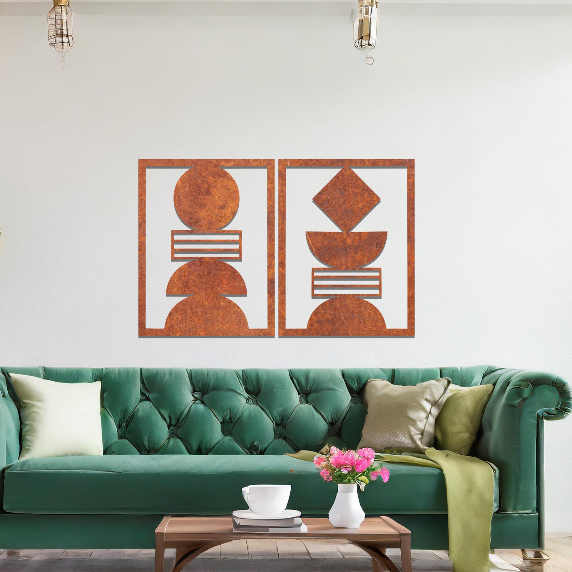 A metal wall art set featuring geometric shapes, including circles and a diamond, arranged in a balanced and symmetrical design. The art is displayed on a neutral wall within modern room decor, adding an elegant and abstract touch to the space.