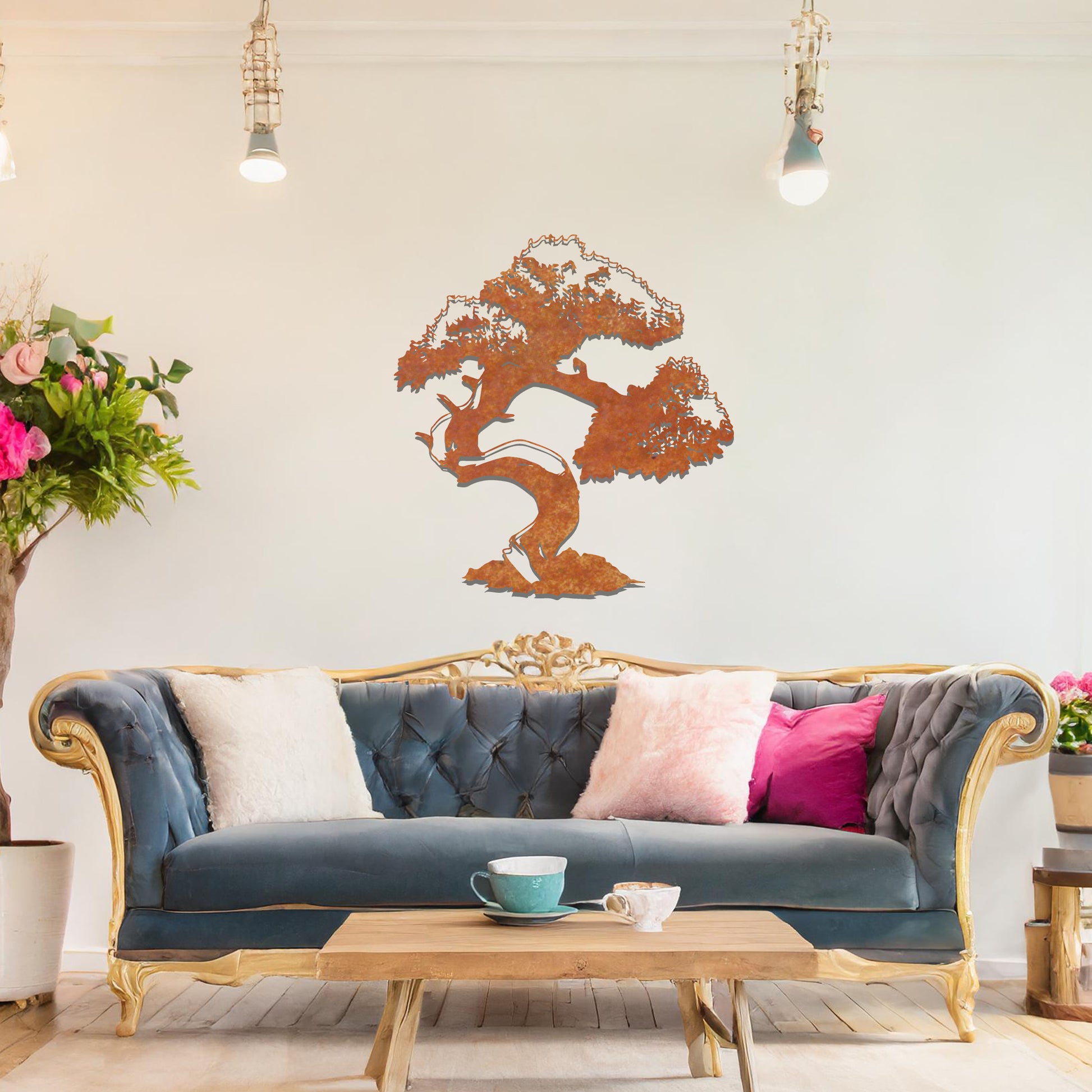Metal wall art featuring a beautifully detailed bonsai tree design with a gracefully twisted trunk and a lush, intricate canopy, adding an elegant and nature-inspired focal point to the room's decor.
