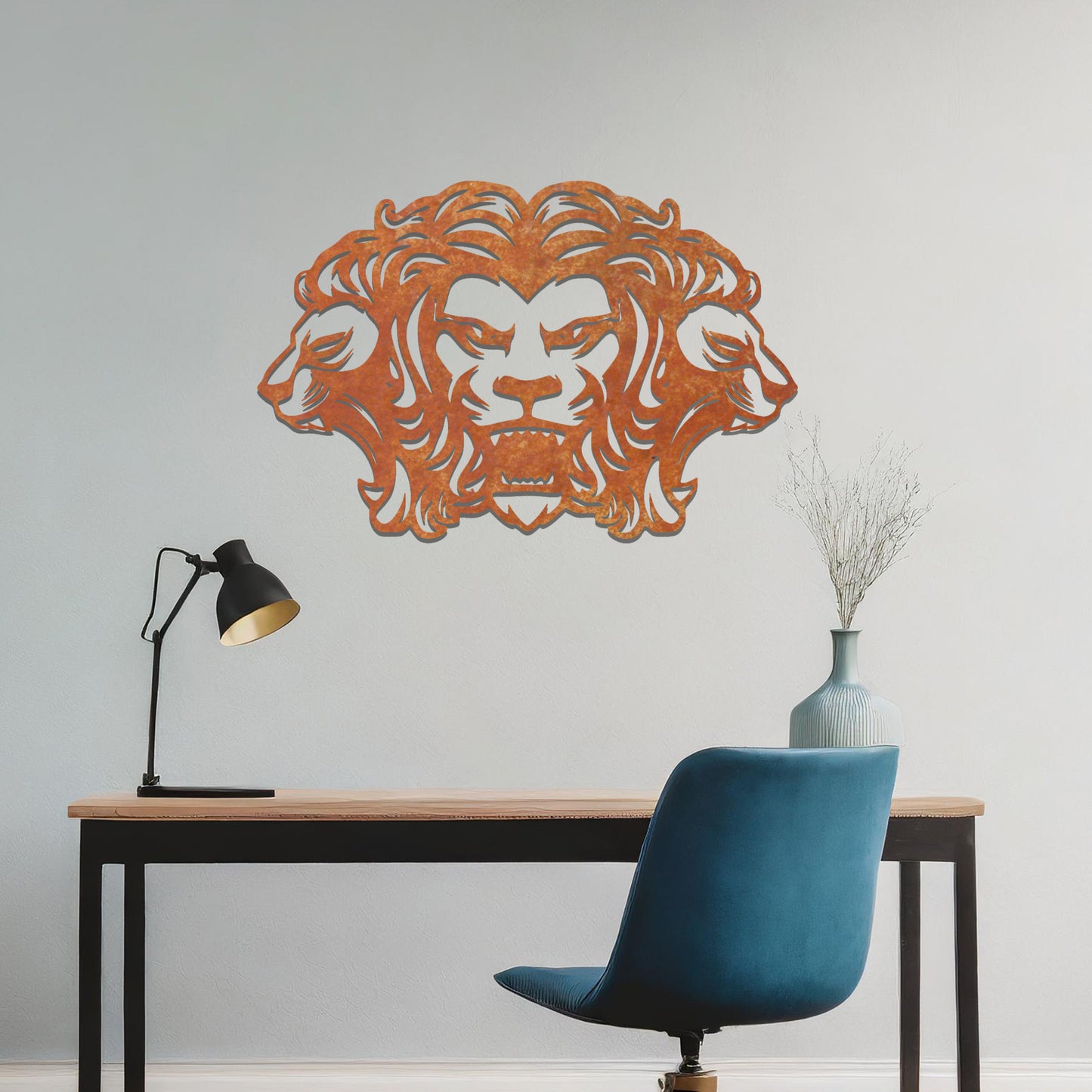 A bold and powerful design showcasing a roaring lion flanked by two ram heads, symbolising strength and leadership. The intricate details bring this dynamic composition to life, perfect for statement decor.