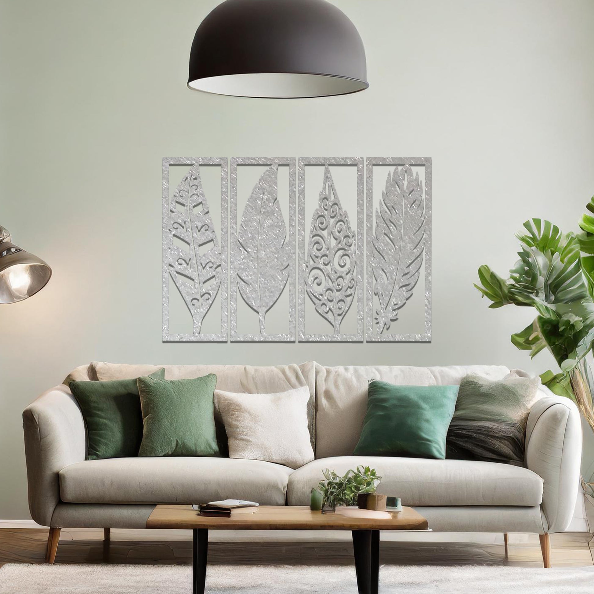 Metal wall art featuring five rectangular panels with detailed leaf designs, each panel showcasing a unique pattern. The art is mounted on a neutral wall within a modern office setting, adding a natural touch to the workspace decor.