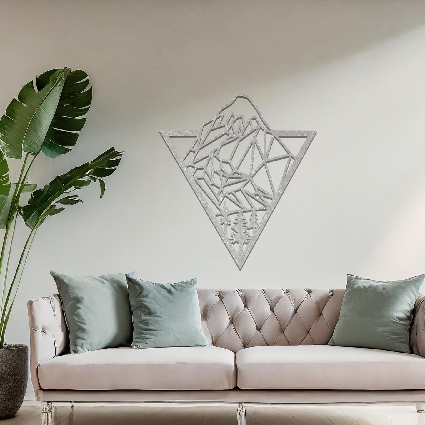 Geometric mountain and forest design within a triangular frame, offering a modern and minimalist aesthetic for a nature-inspired wall art piece.