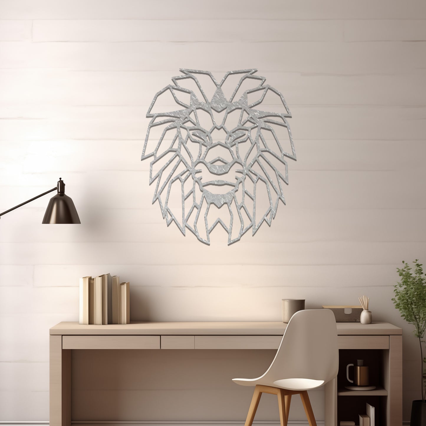 Metal wall art featuring a geometric lion head design with intricate angular detailing, crafted with precise laser-cut techniques, displayed on a neutral wall within modern decor.