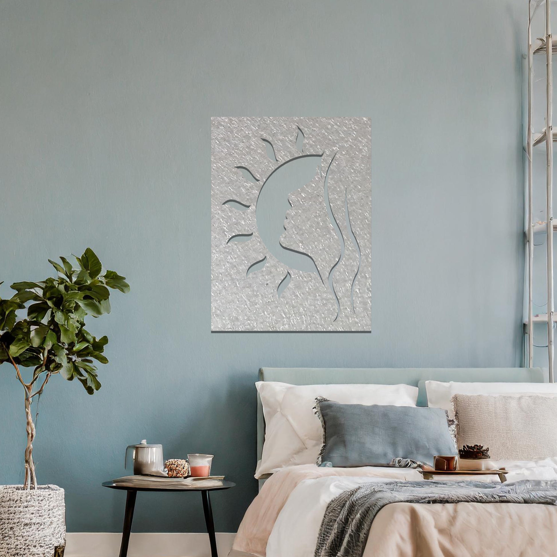 Wall art design featuring the profile of a woman's face combined with a crescent moon and sun rays, creating a harmonious celestial-themed silhouette.