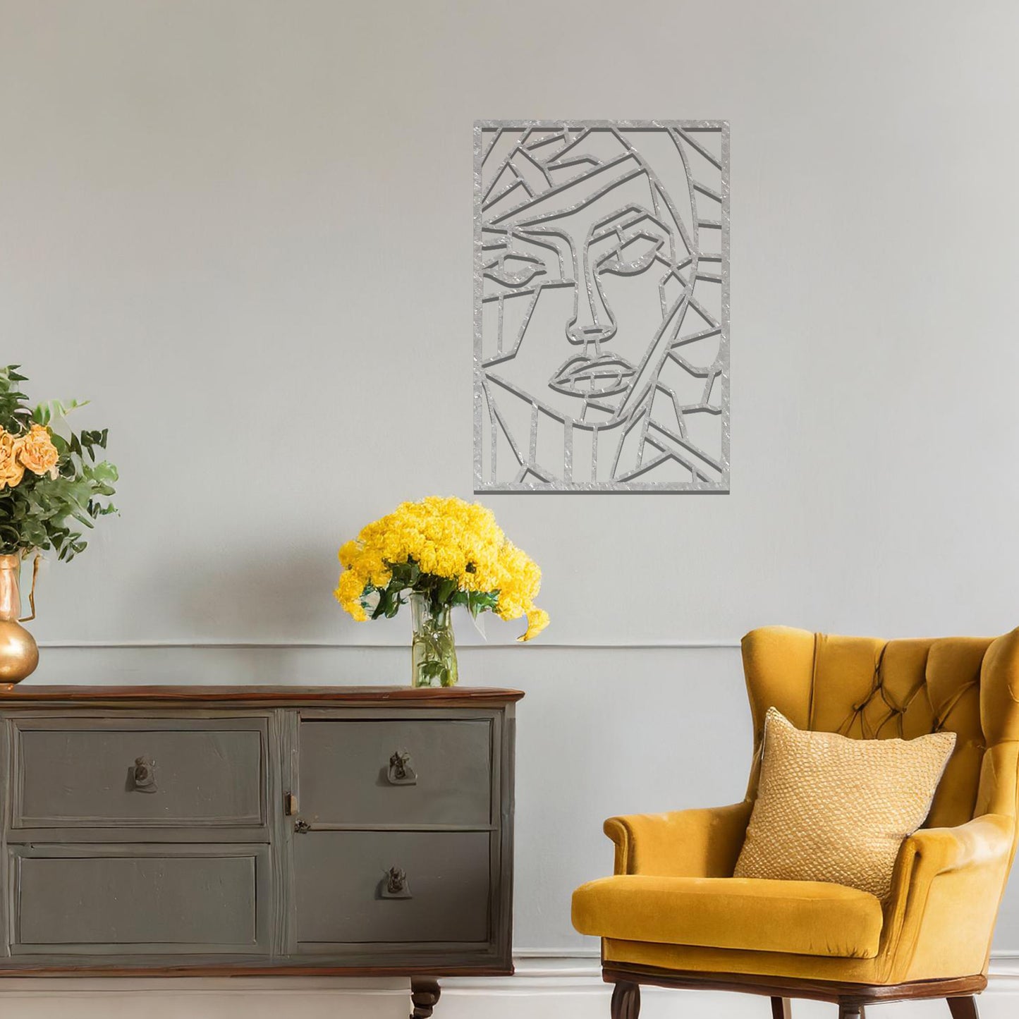 Abstract geometric wall art design of a face, created through angular, fragmented lines that form a modern and artistic interpretation of human features.
