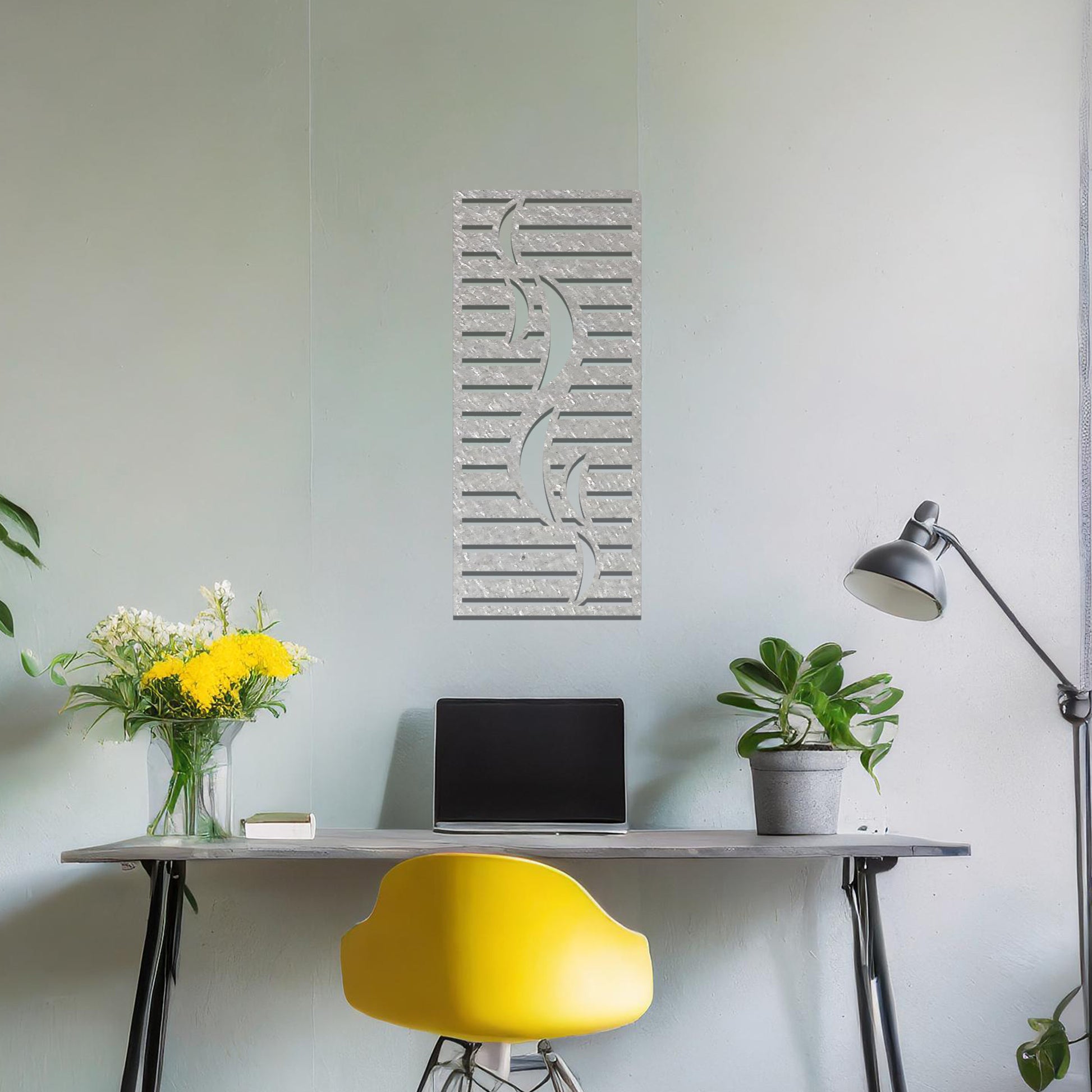 A sleek and modern metal wall art design featuring curving abstract shapes set against horizontal stripes, creating a dynamic and contemporary look. The artwork is displayed on a neutral wall within a stylish, minimalistic setting.
