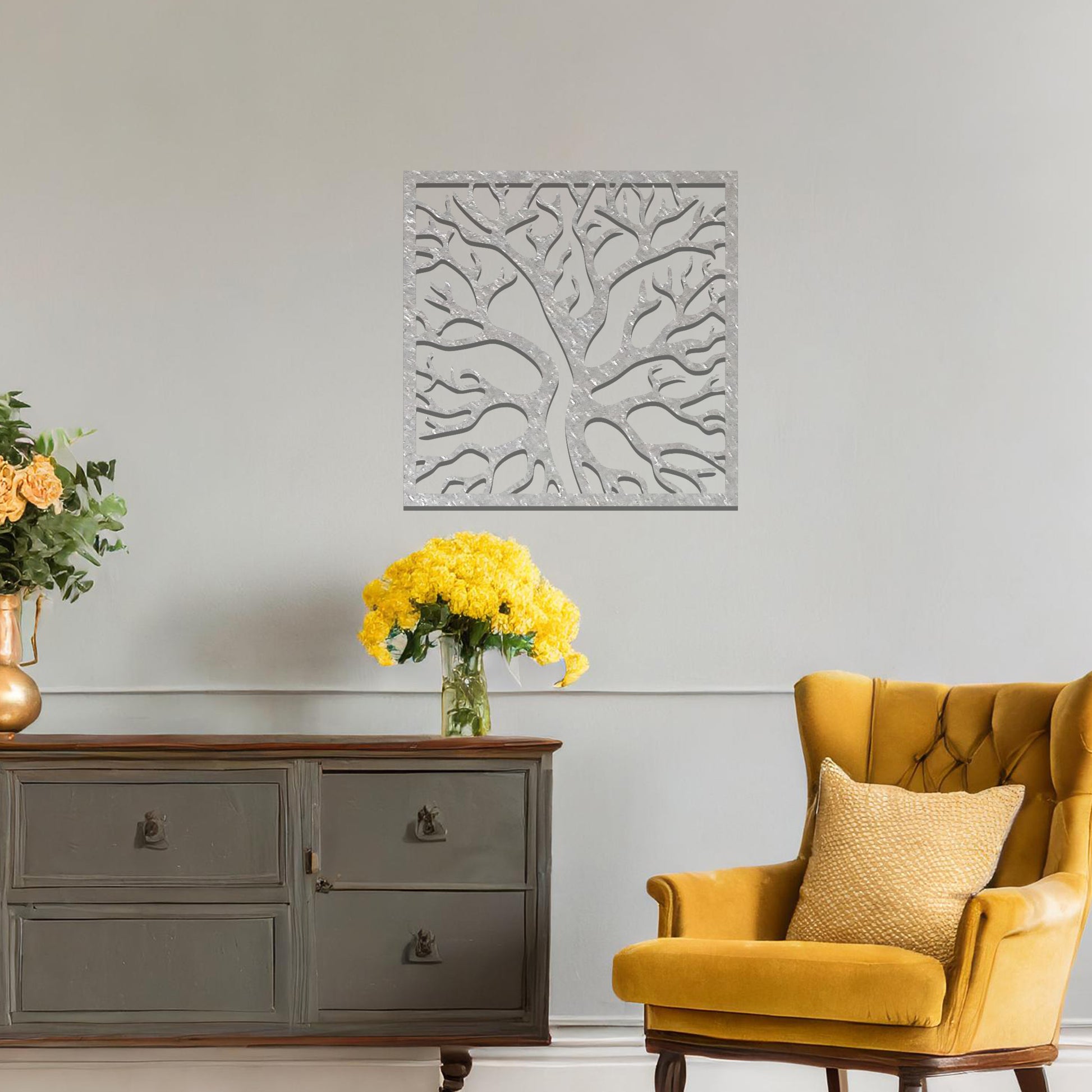 Abstract tree design with intricate branches, framed in a square shape, creating a bold and artistic look for modern wall decor.
