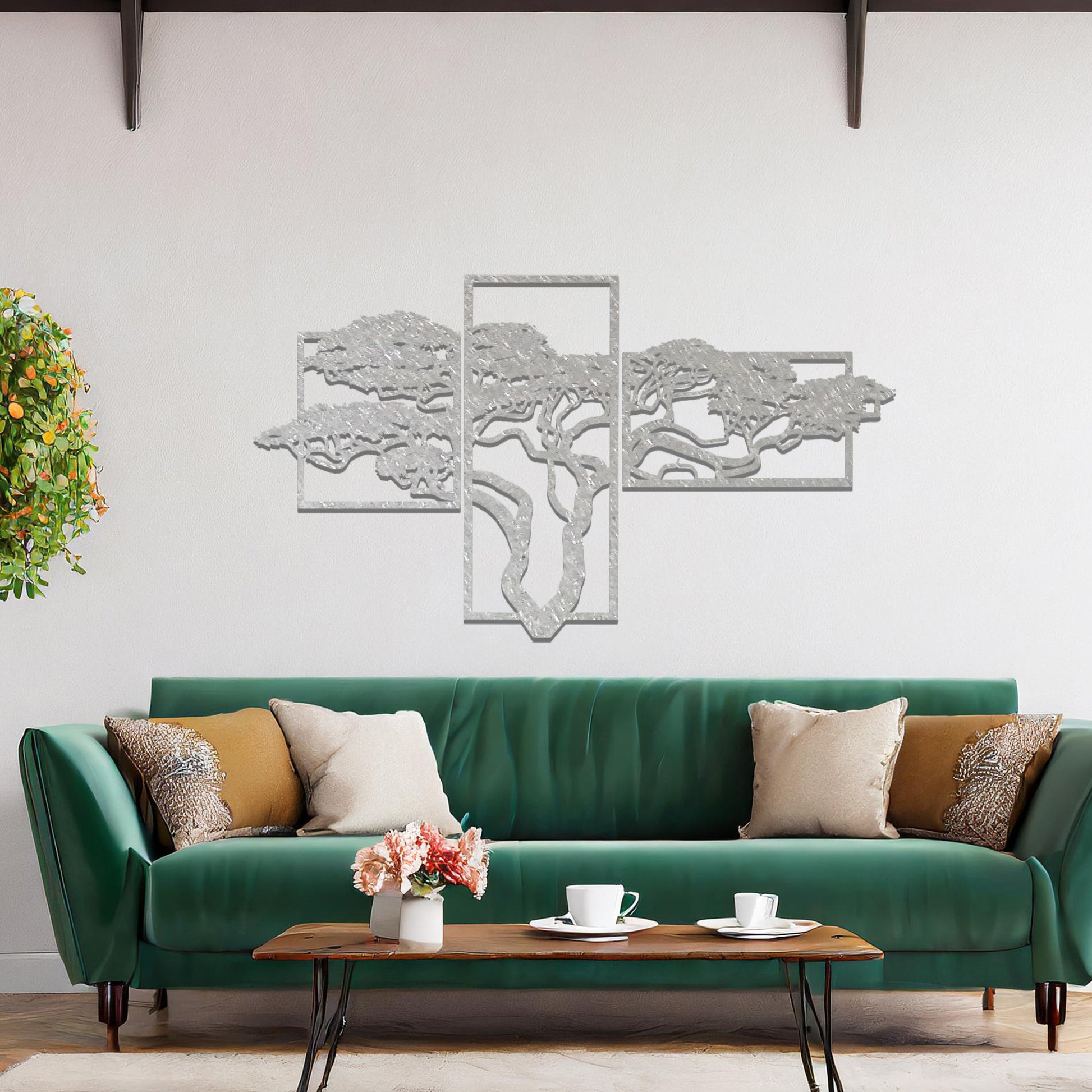 Metal wall art featuring a multi-panel tree design with a detailed branching structure, crafted with precise laser-cut techniques, displayed on a neutral wall within modern decor.