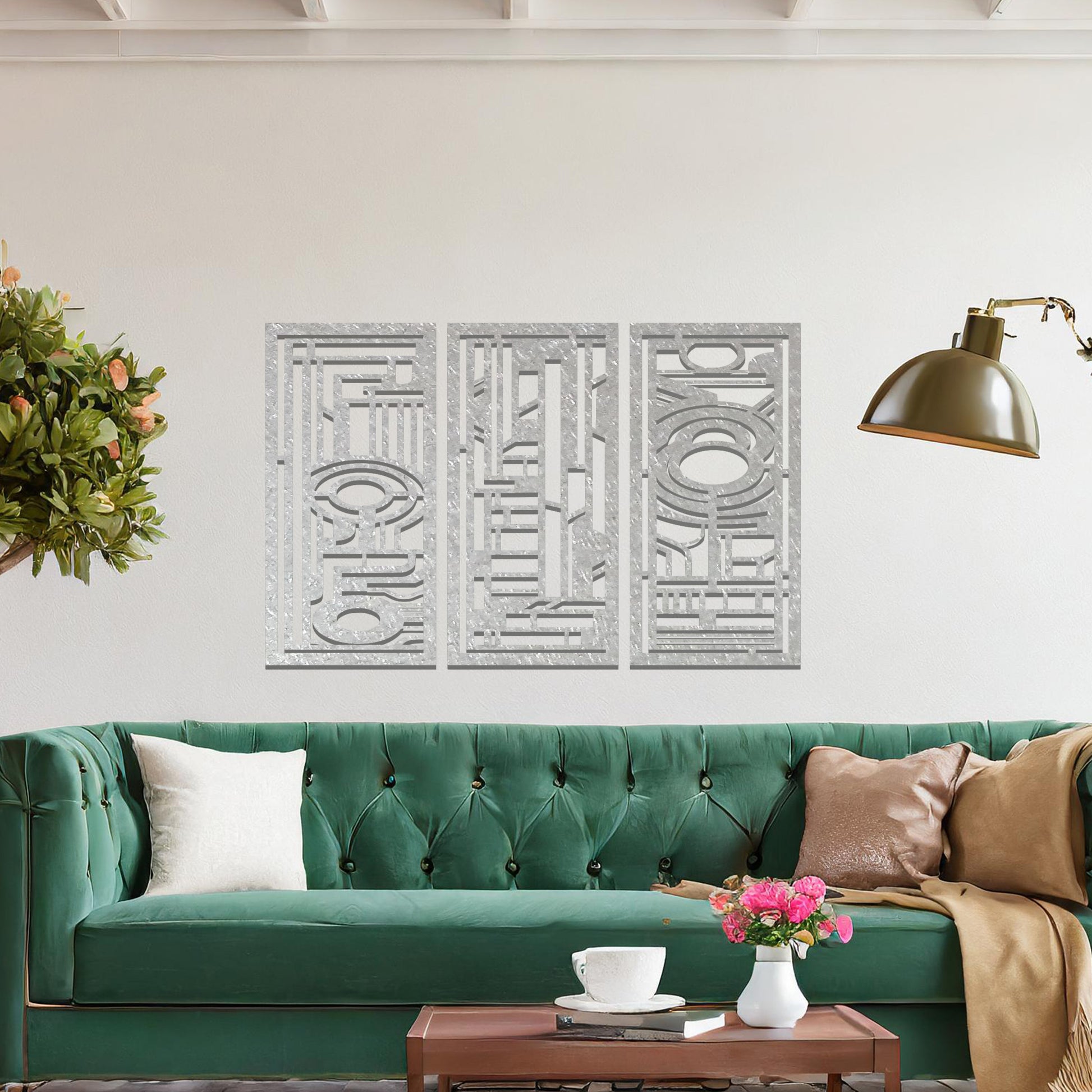 Modern geometric wall art consisting of three panels, each featuring intricate designs with circular and rectangular elements. The artwork is displayed in a contemporary living room with neutral-toned furniture and plants.