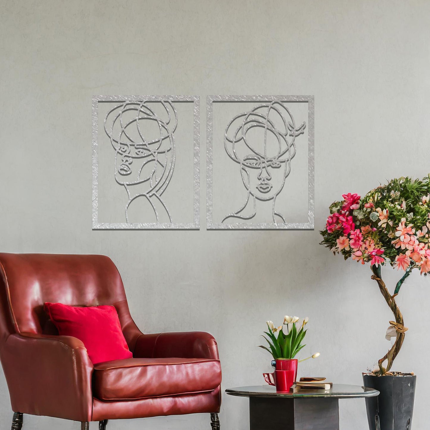 Rustic wall art featuring two abstract portraits of women with intricate line details, offering a sophisticated and modern touch to the living space.