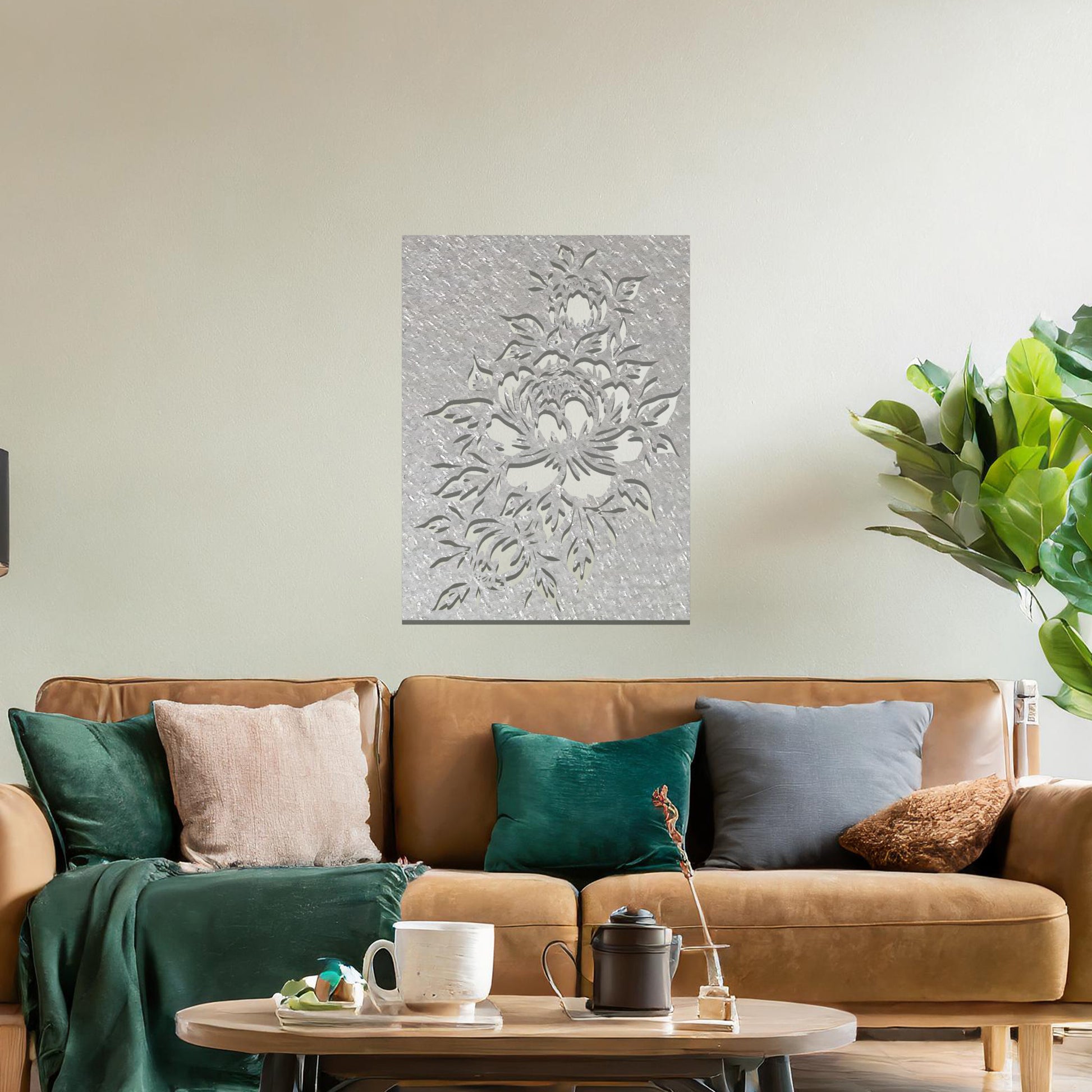 Metal wall art featuring a detailed design of a bouquet of roses, with large blossoms and intricate leaves. The design is cut-out, capturing the delicate petals and curves of the flowers. The artwork is displayed against a neutral wall within a modern interior.
