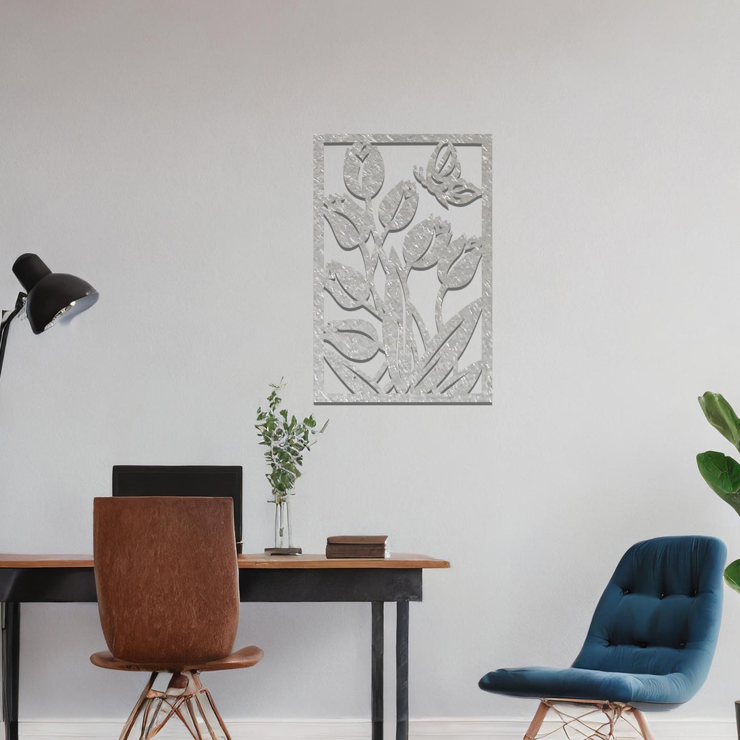 Metal wall art depicting tulips with a butterfly hovering above them. The design captures the beauty of nature, placed on a neutral wall within modern room decor, enhancing the fresh and vibrant feel of the space.