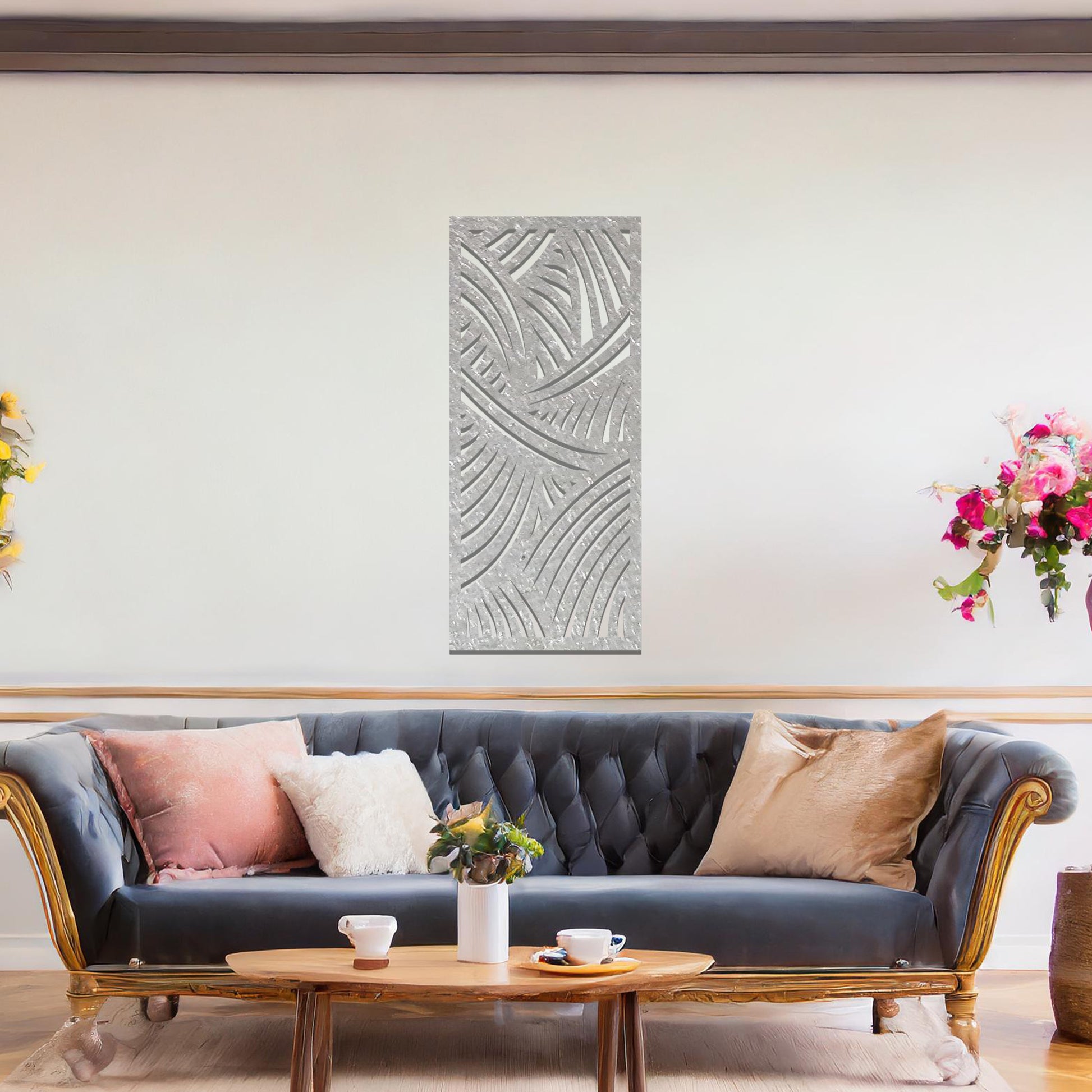 A dynamic metal wall art design featuring intricate curved lines and sweeping arcs, creating a sense of movement and depth. The artwork is displayed on a neutral wall within a modern living space, adding a sophisticated touch.