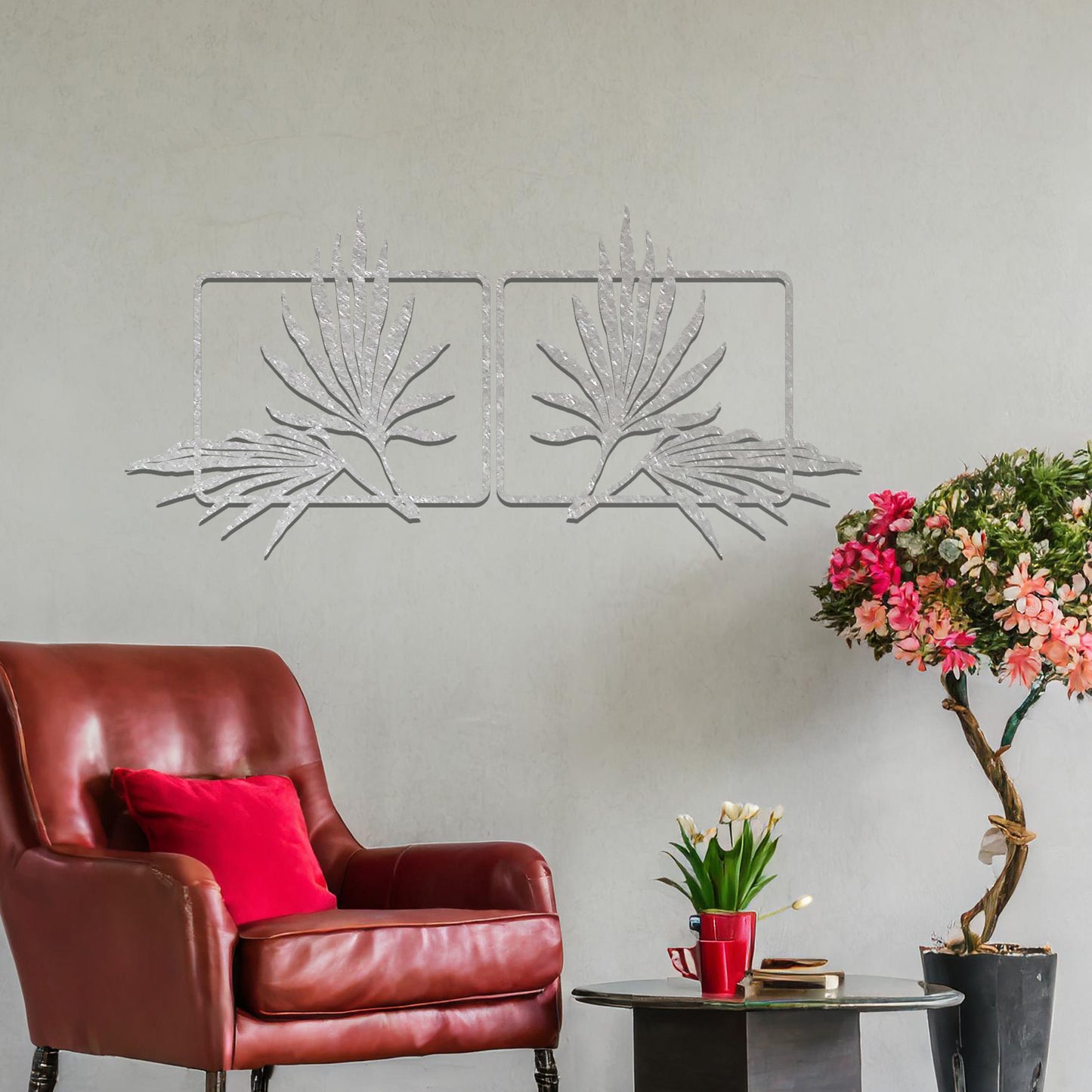 A stunning set of wall art featuring two panels with elegantly detailed bird of paradise leaf designs. Ideal for adding a sophisticated tropical touch to your interior decor.