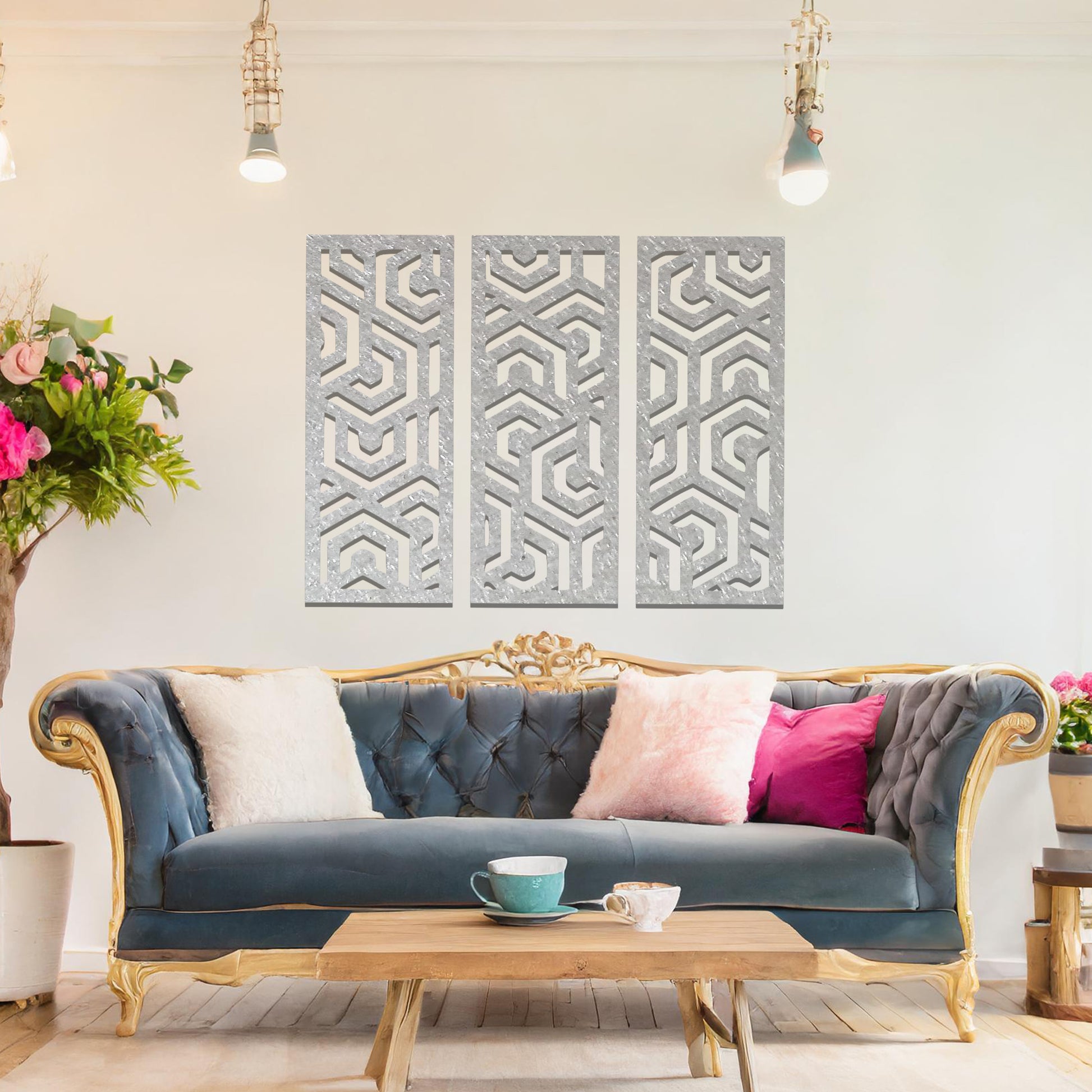 A modern geometric wall art triptych featuring intricate interlocking patterns, perfect for adding depth and sophistication to your living space with a contemporary edge.