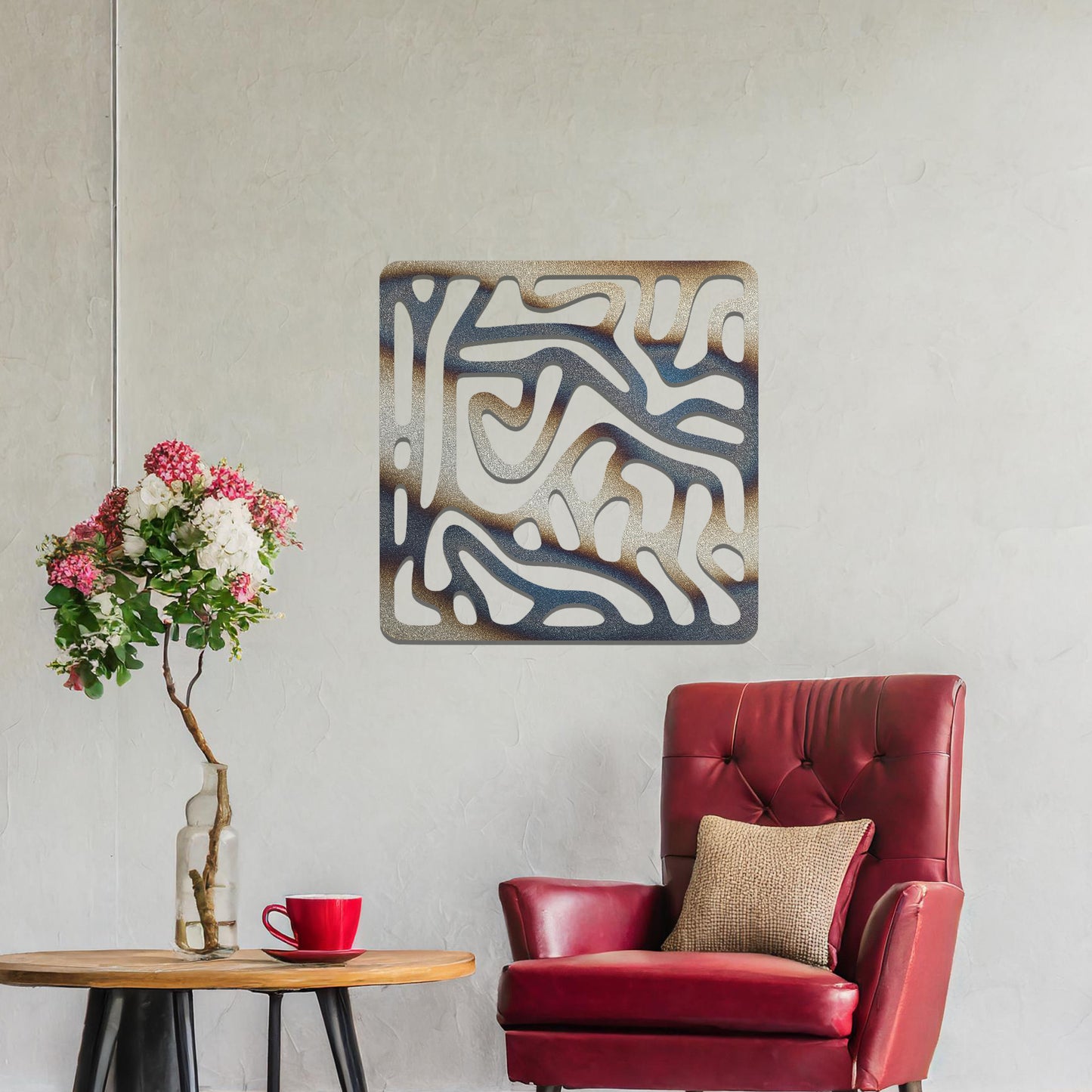 Abstract flowing line design with curved and irregular patterns, creating a dynamic and modern composition. The art is displayed on a neutral wall in a minimalist room with contemporary decor.