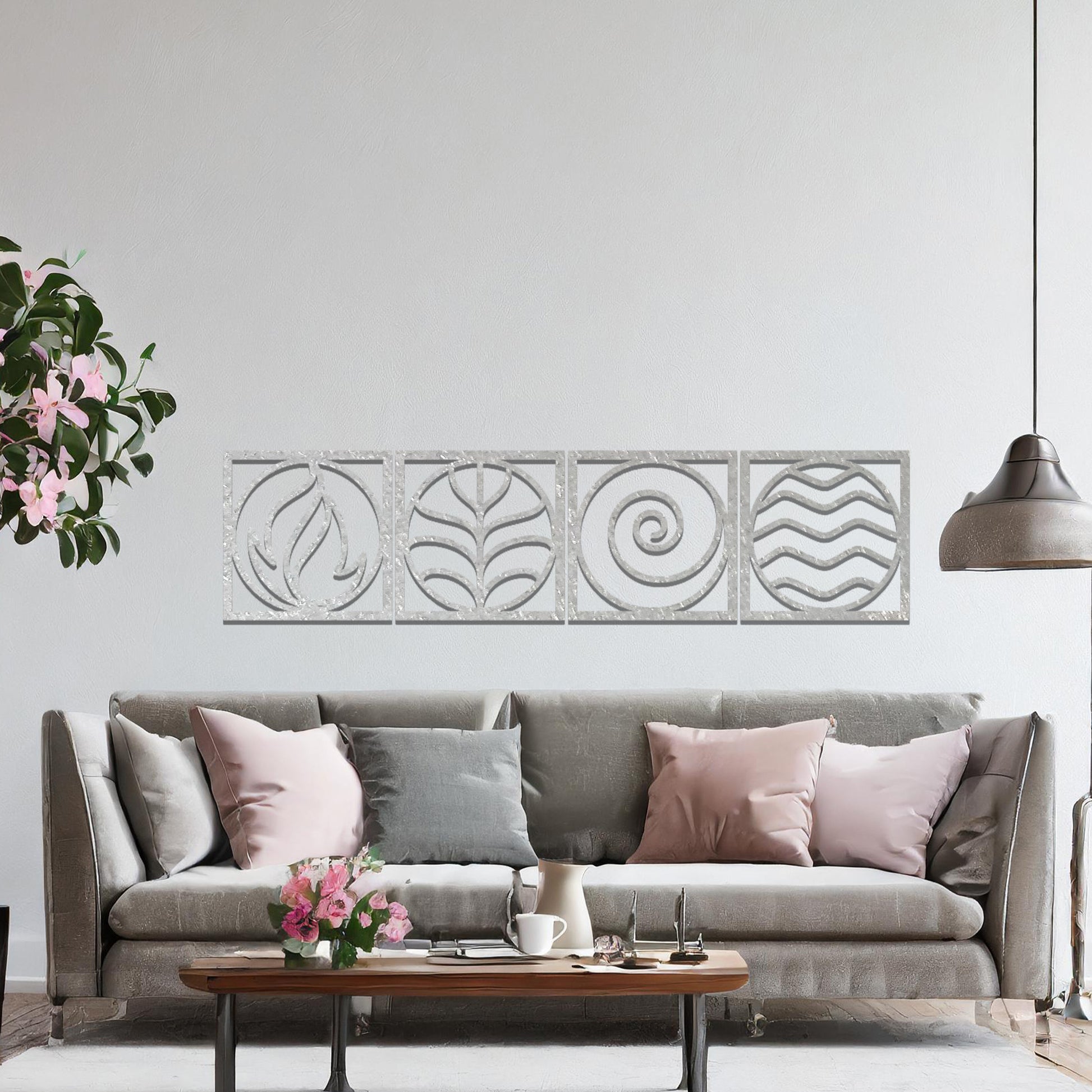 A geometric representation of the four classical elements: fire, earth, air, and water, displayed in a minimalist, rust-effect design. Each symbol is framed for a balanced and artistic look.