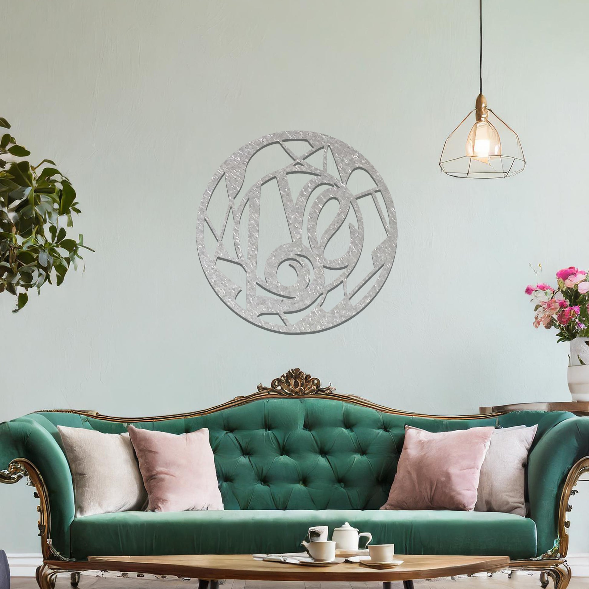 A modern love-themed wall art design, featuring abstract lines and curves forming the word "Love" within a circular frame. This elegant piece adds a touch of romance and sophistication to any interior.