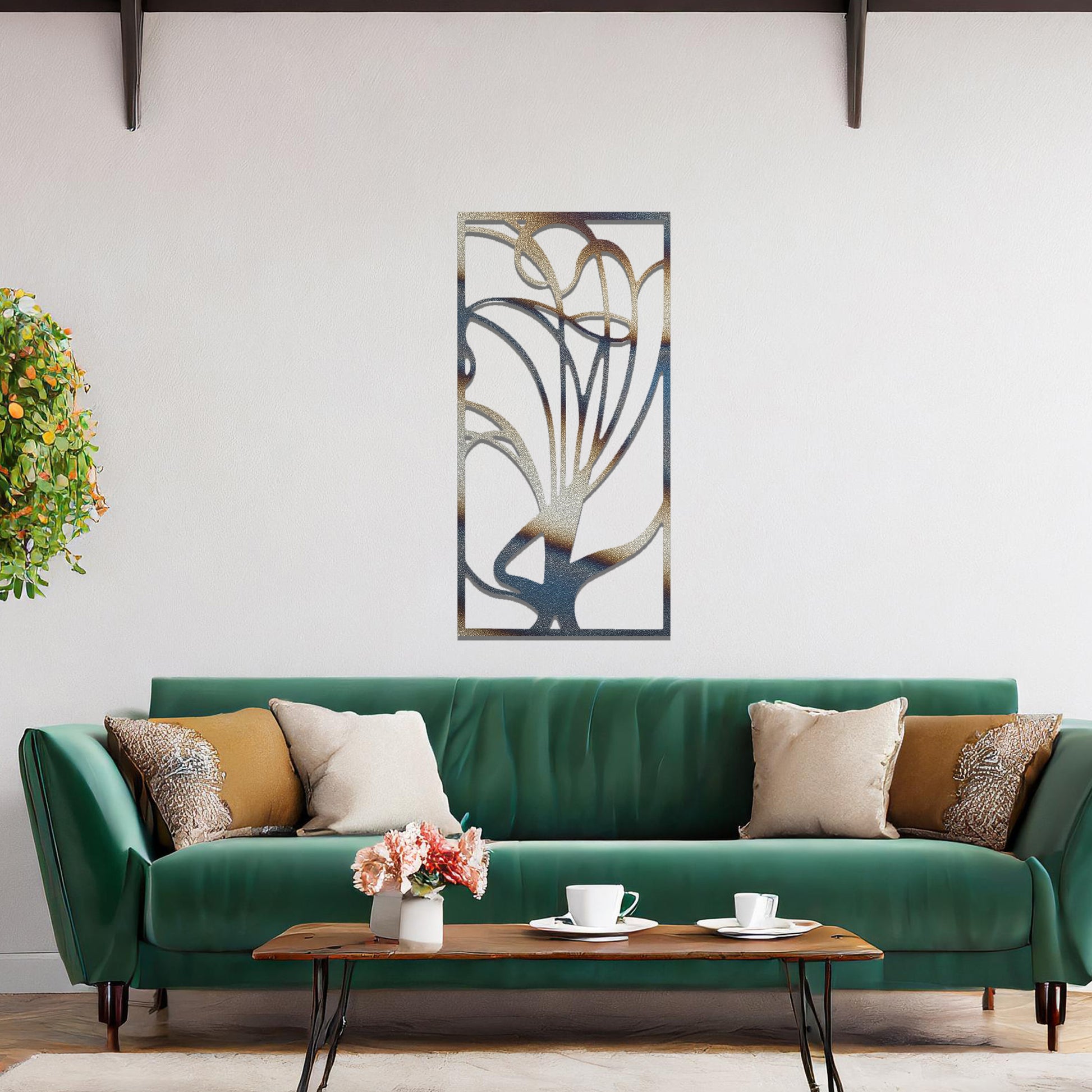 Metal wall art featuring a rectangular abstract design with flowing, interconnected lines, adding a modern and artistic element to the space.