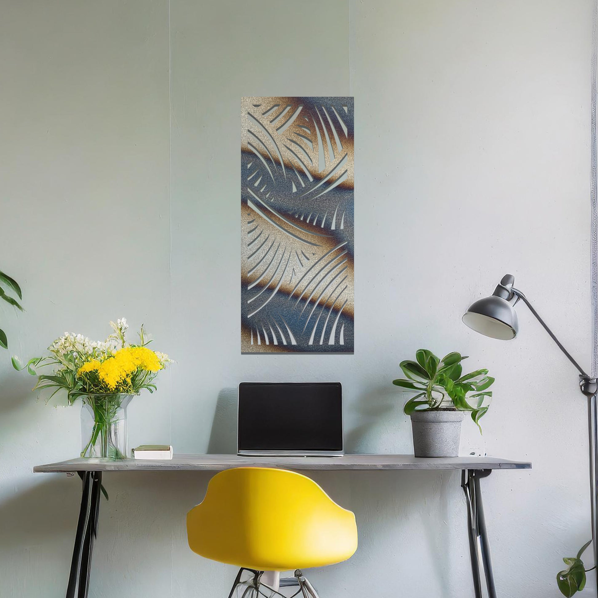 A dynamic metal wall art design featuring intricate curved lines and sweeping arcs, creating a sense of movement and depth. The artwork is displayed on a neutral wall within a modern living space, adding a sophisticated touch.