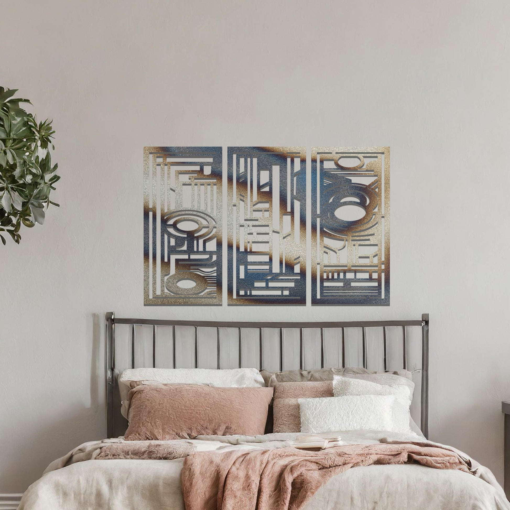 Modern geometric wall art consisting of three panels, each featuring intricate designs with circular and rectangular elements. The artwork is displayed in a contemporary living room with neutral-toned furniture and plants.