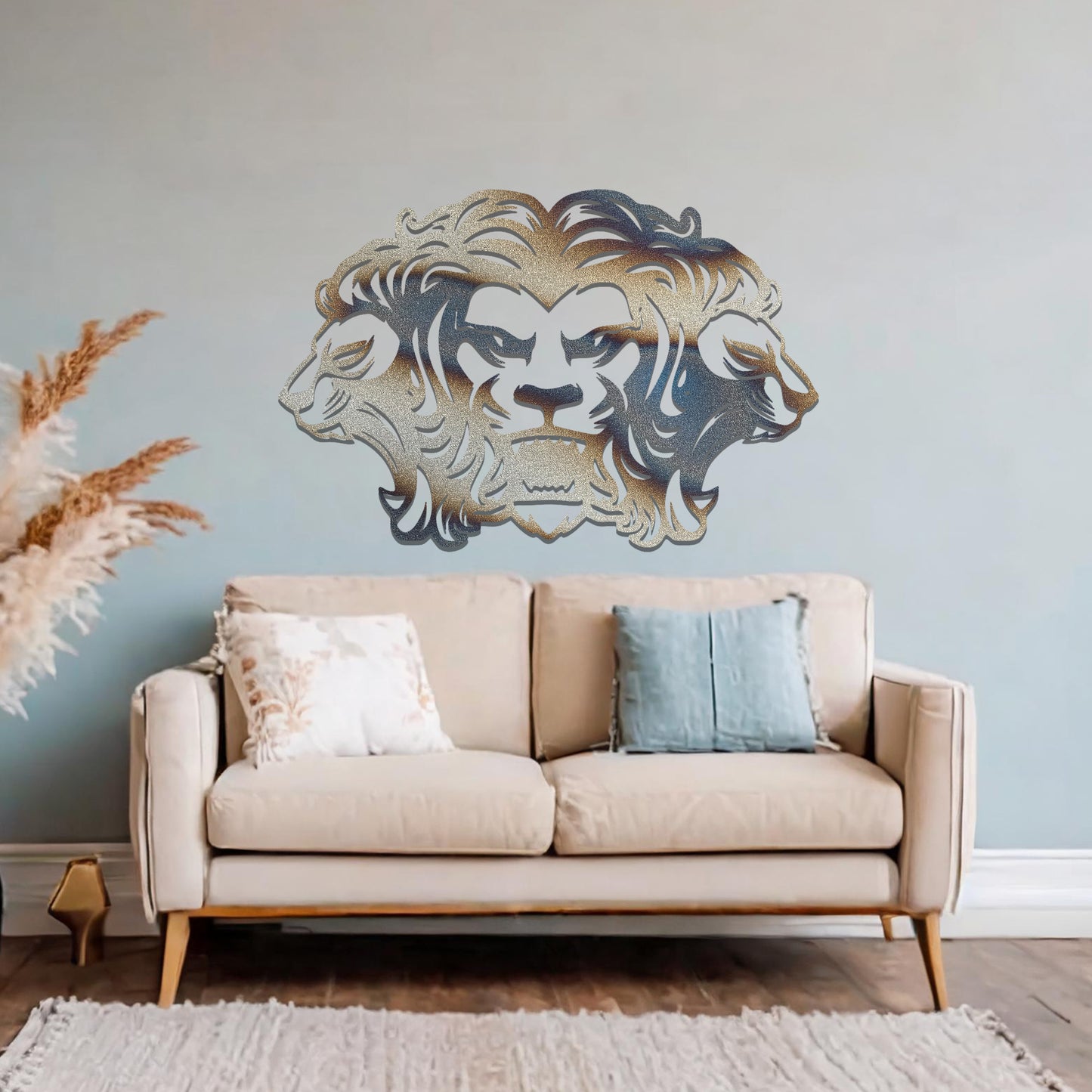 A bold and powerful design showcasing a roaring lion flanked by two ram heads, symbolising strength and leadership. The intricate details bring this dynamic composition to life, perfect for statement decor.