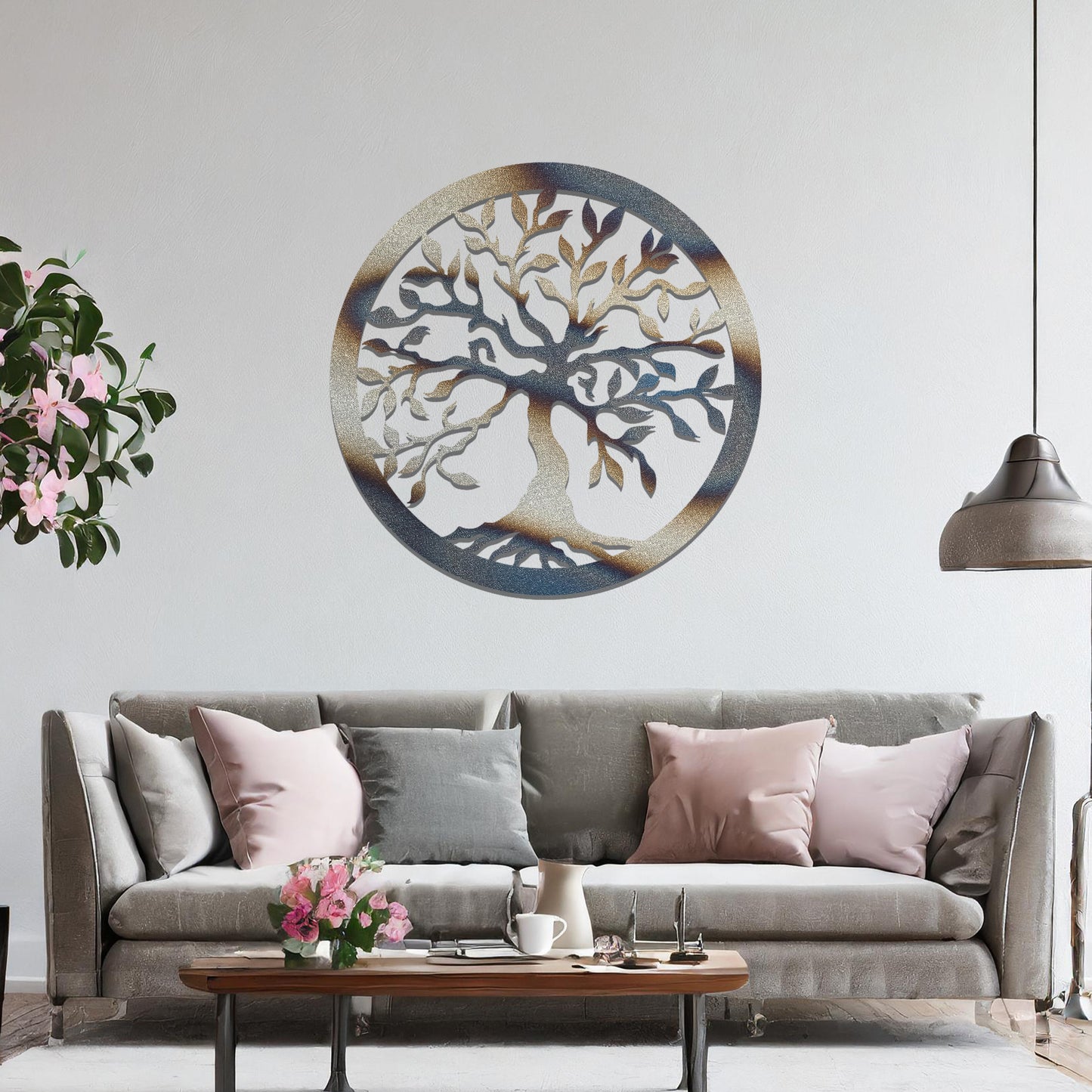 Metal wall art featuring a circular tree of life design with intricate branches and leaves, mounted on a neutral wall within modern bedroom decor. The detailed craftsmanship and symbolic motif create a calming and elegant focal point in the room.
