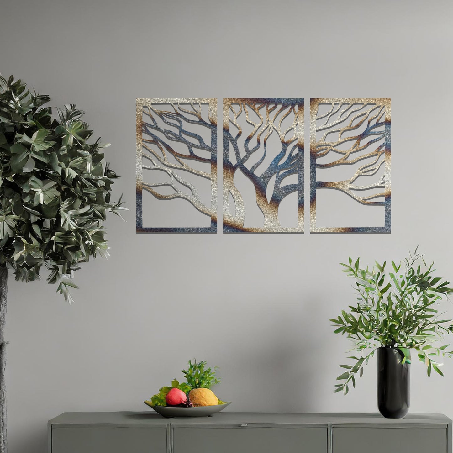 Three-panel metal wall art featuring intricately cut tree branches in a flowing design, creating a dynamic and organic effect.