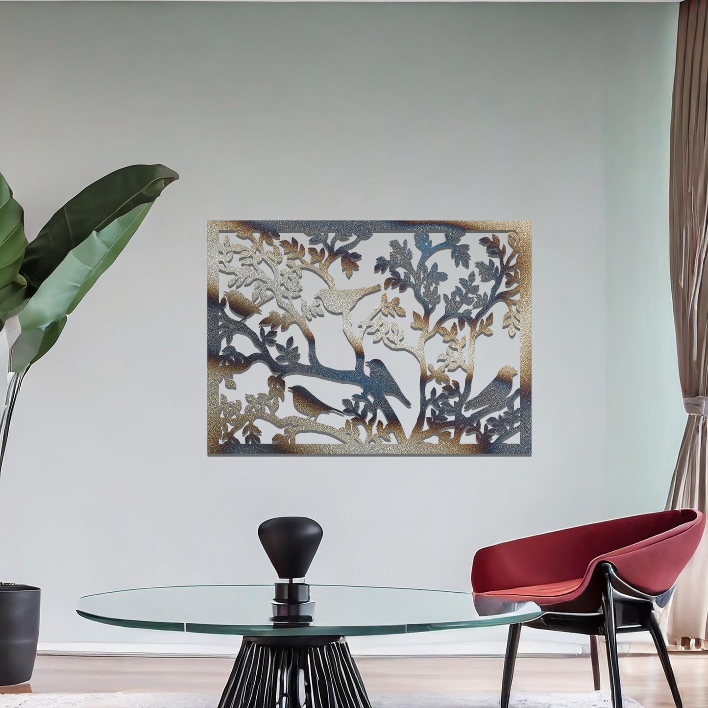An intricately designed wall art piece showcasing birds perched on branches surrounded by delicate leaves, bringing a serene and natural touch to your interior space.