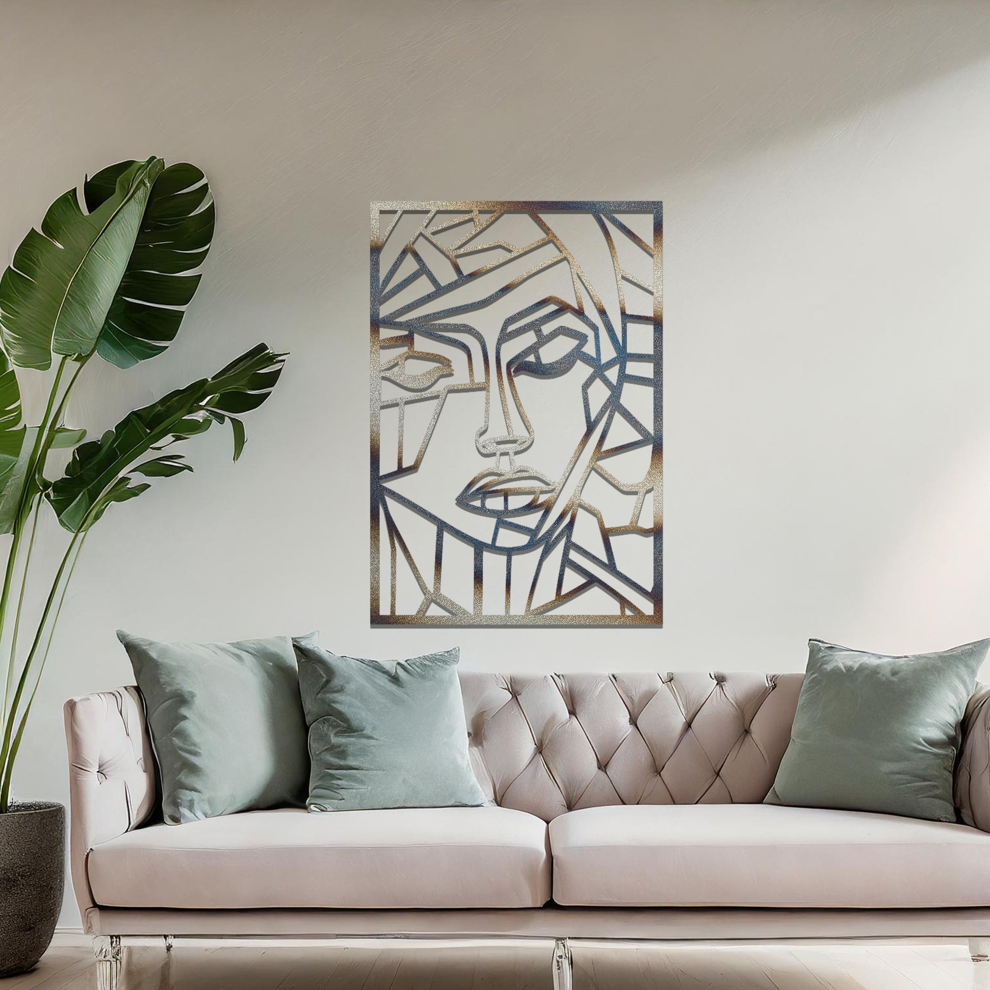 Abstract geometric wall art design of a face, created through angular, fragmented lines that form a modern and artistic interpretation of human features.
