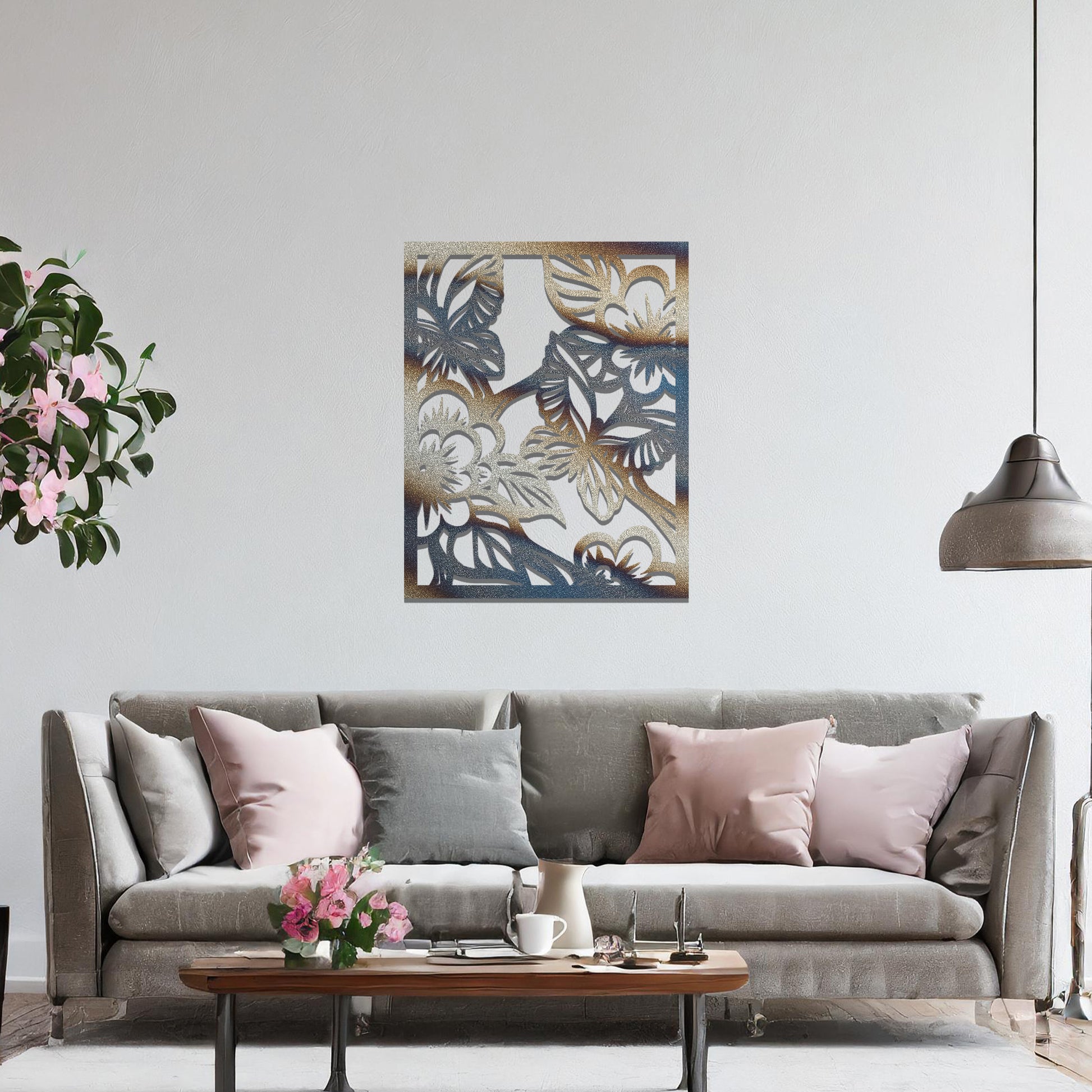 Metal wall art featuring a square design with a floral motif of blooming flowers and intricate leaves, mounted on a neutral wall within modern bedroom decor. The delicate detailing and natural theme create a soothing and elegant focal point, enhancing the space's aesthetic.