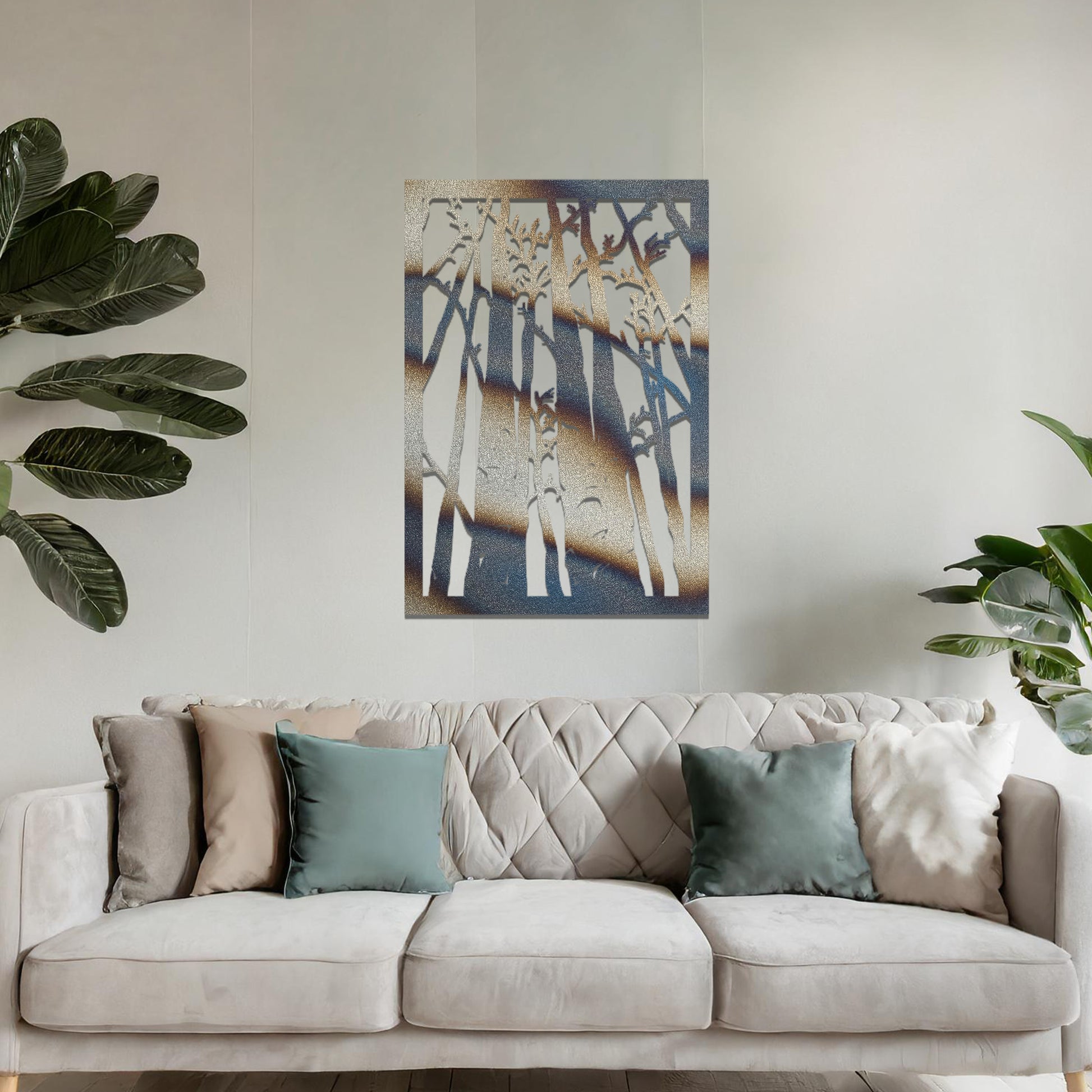 Metal wall art featuring a rectangular design of tall trees with bare branches, showcasing intricate details, displayed on a neutral wall within modern decor.