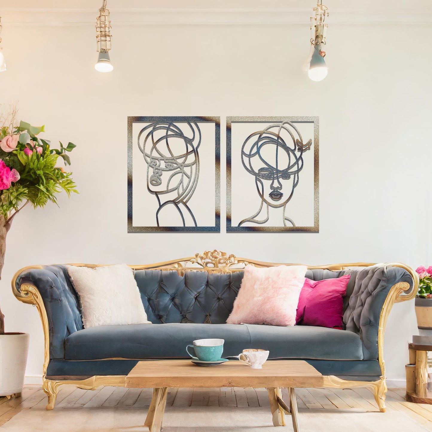 Rustic wall art featuring two abstract portraits of women with intricate line details, offering a sophisticated and modern touch to the living space.