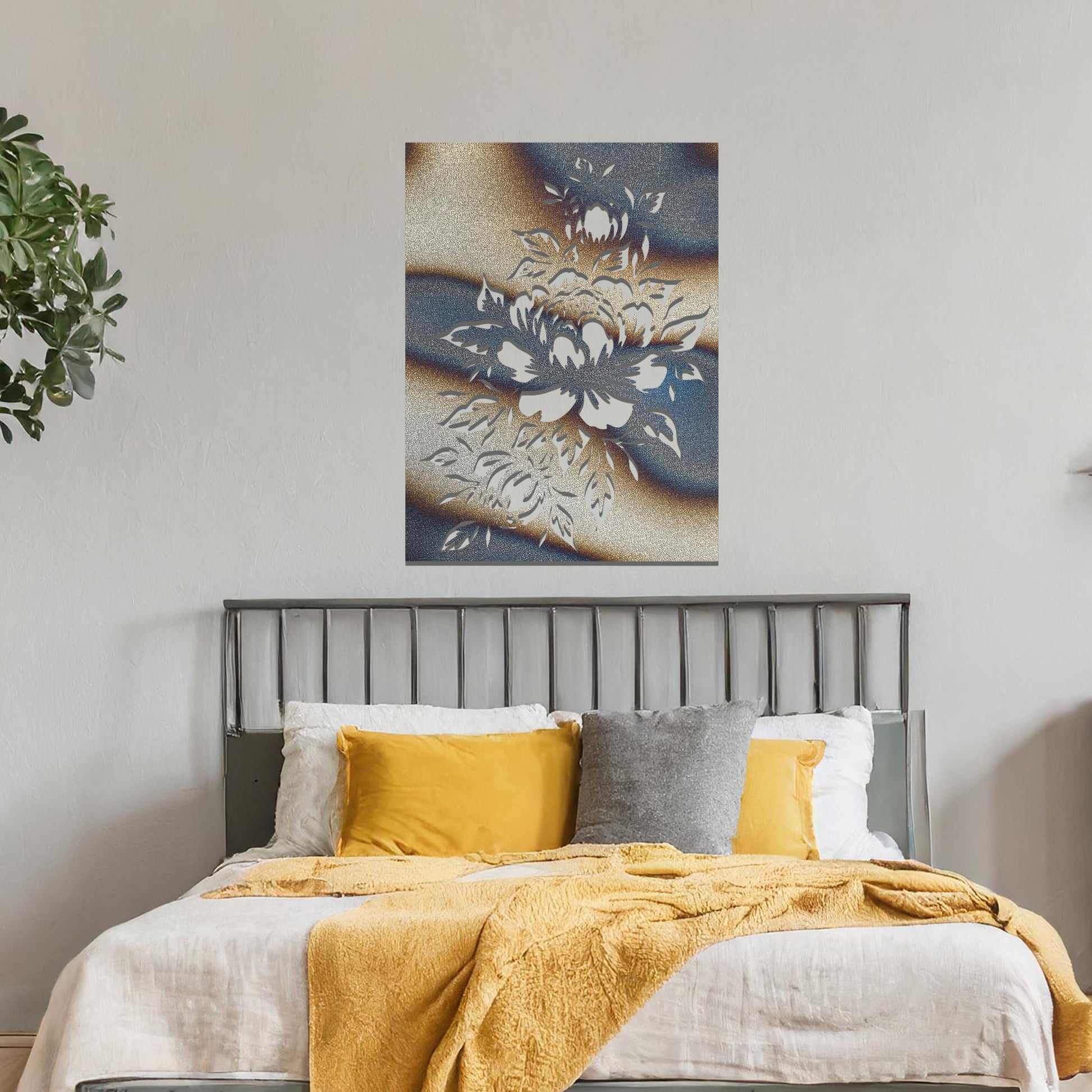 Metal wall art featuring a detailed design of a bouquet of roses, with large blossoms and intricate leaves. The design is cut-out, capturing the delicate petals and curves of the flowers. The artwork is displayed against a neutral wall within a modern interior.