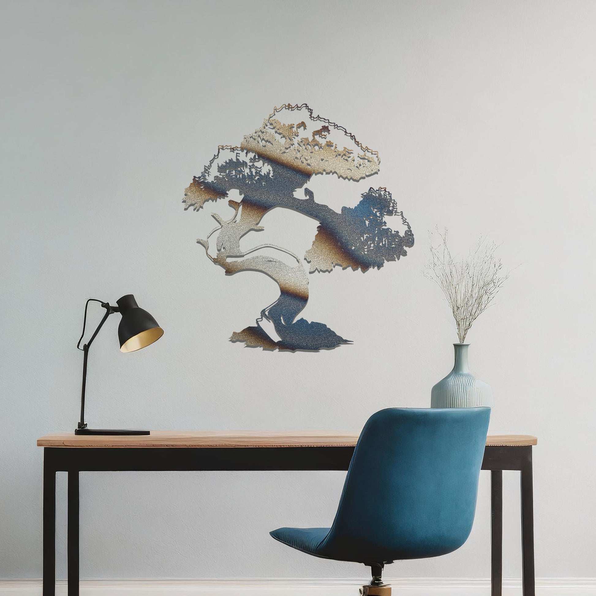 Metal wall art featuring a beautifully detailed bonsai tree design with a gracefully twisted trunk and a lush, intricate canopy, adding an elegant and nature-inspired focal point to the room's decor.