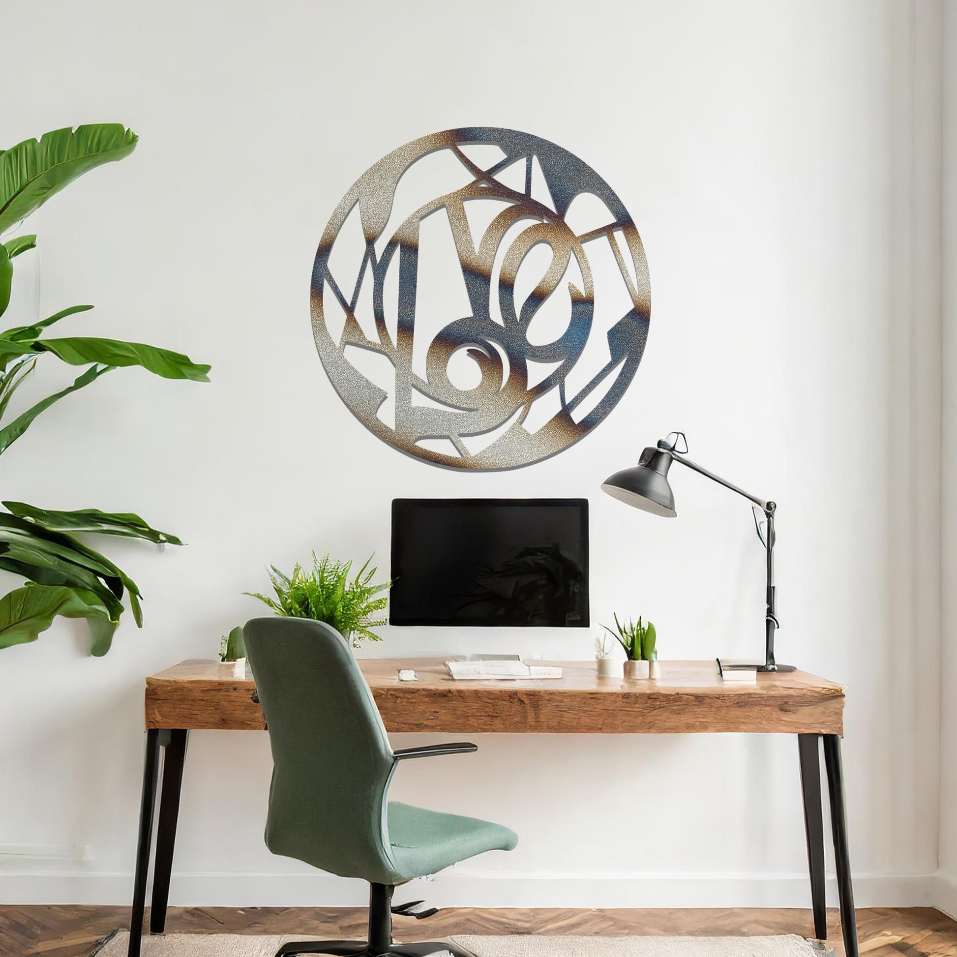 A modern love-themed wall art design, featuring abstract lines and curves forming the word "Love" within a circular frame. This elegant piece adds a touch of romance and sophistication to any interior.