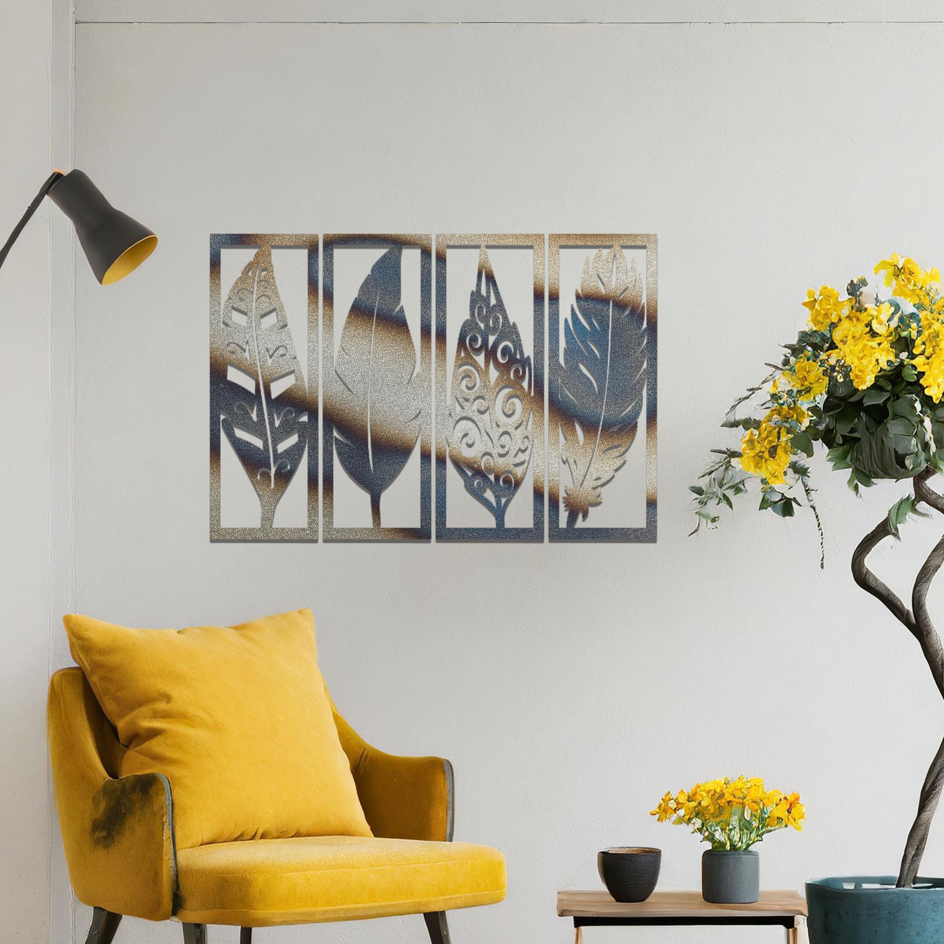Metal wall art featuring five rectangular panels with detailed leaf designs, each panel showcasing a unique pattern. The art is mounted on a neutral wall within a modern office setting, adding a natural touch to the workspace decor.