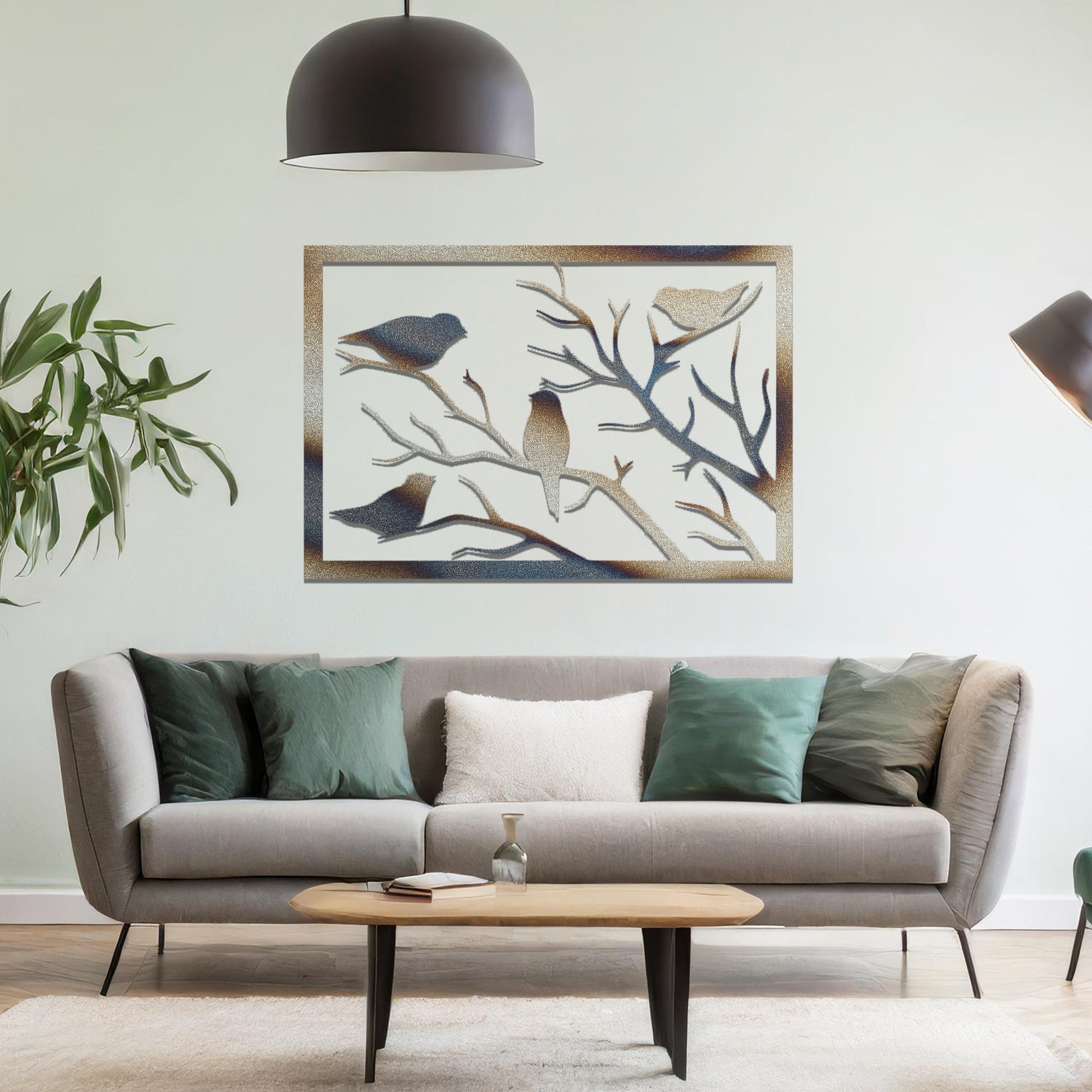 Metal wall art featuring a rectangular design of birds perched on bare branches, showcasing intricate silhouettes and adding a touch of nature-inspired charm to the interior space.