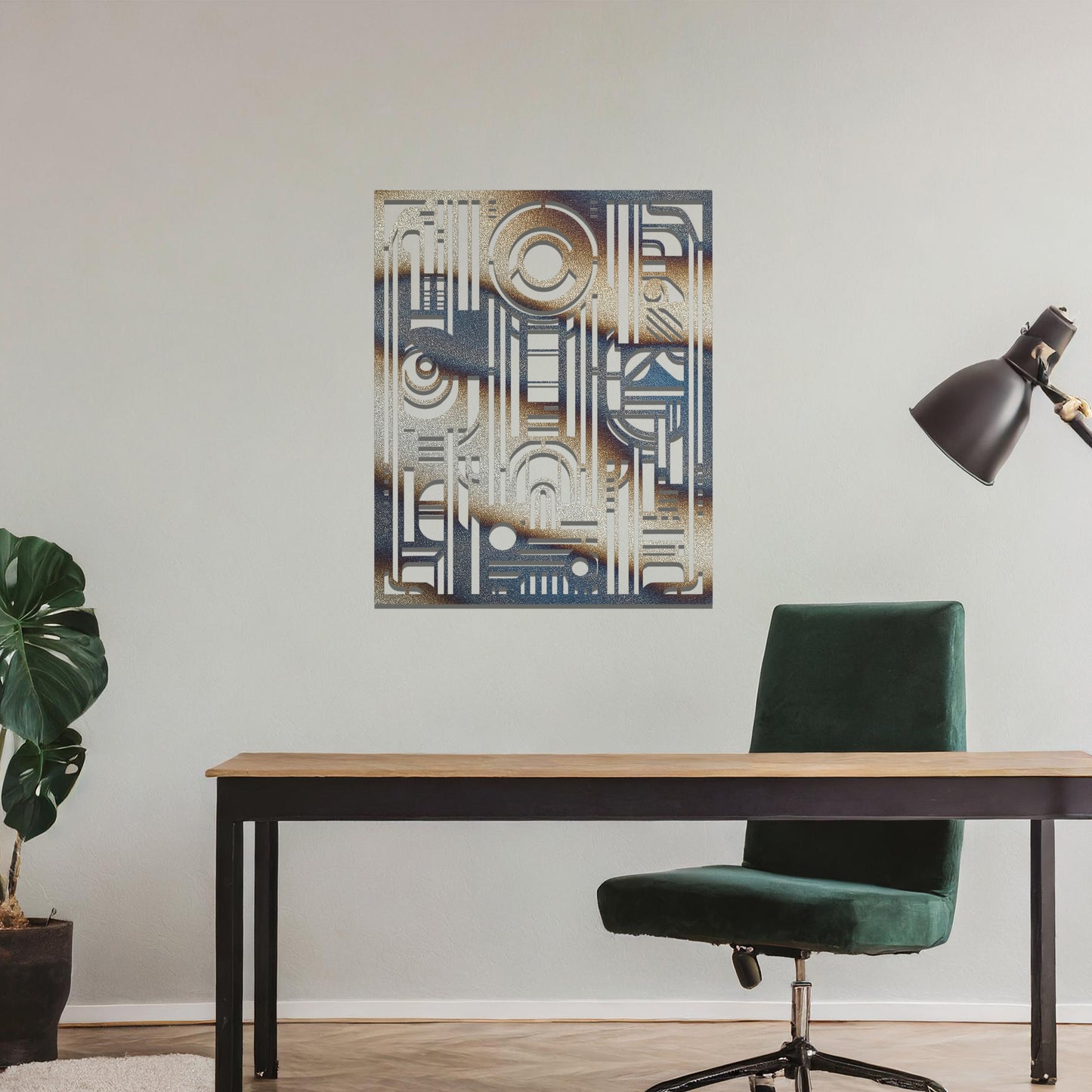 A geometric metal wall art featuring an intricate pattern with a combination of circles, lines, and arches. The design is framed within a rectangular shape, displayed on a neutral wall. The piece adds a modern touch to the room's decor.