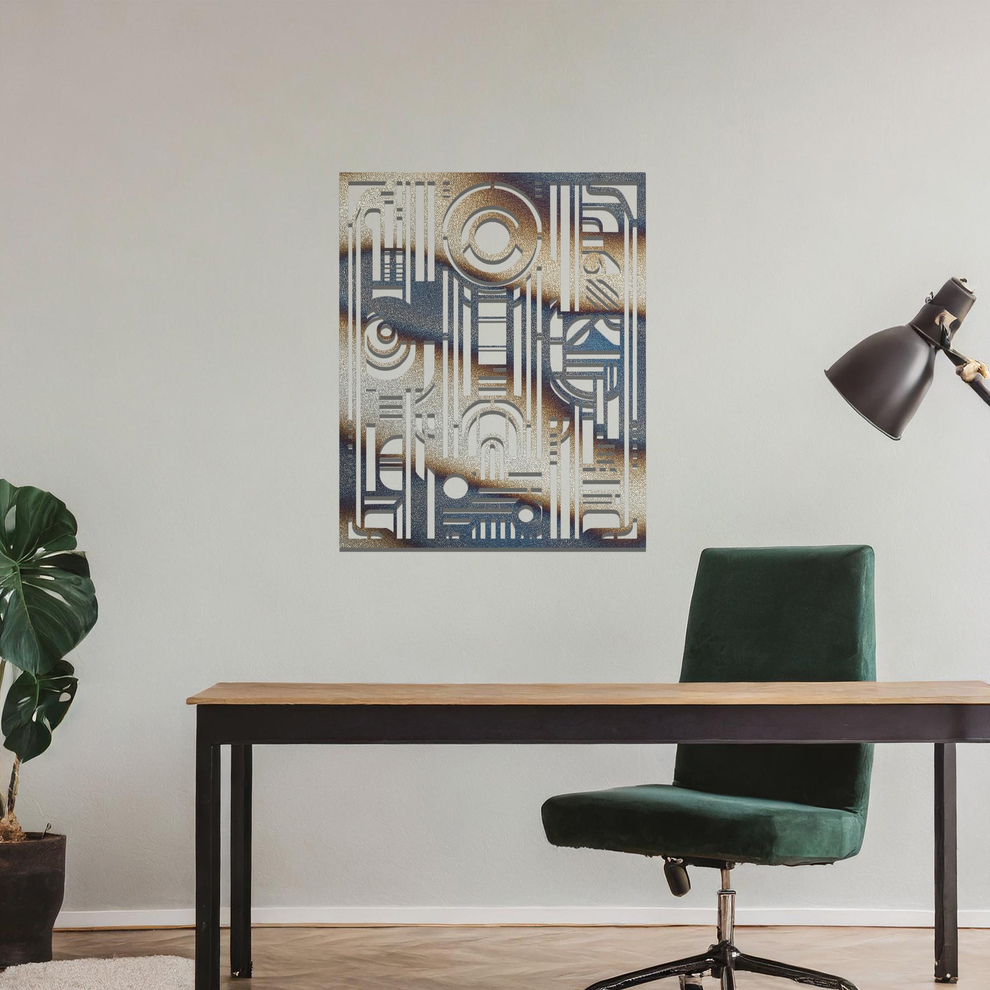 A geometric metal wall art featuring an intricate pattern with a combination of circles, lines, and arches. The design is framed within a rectangular shape, displayed on a neutral wall. The piece adds a modern touch to the room's decor.