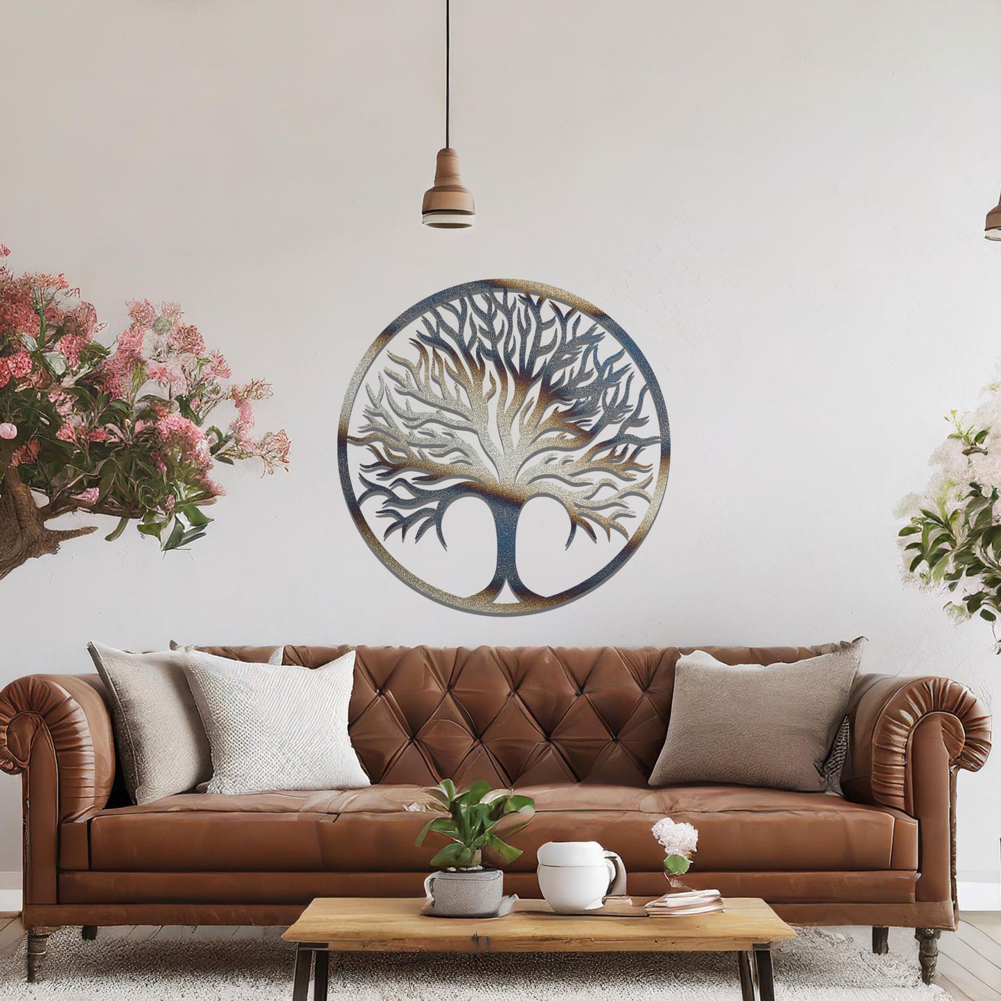 Intricate metal wall art design featuring a tree with a circular frame, highlighting its branching details for a natural and elegant look in modern decor.