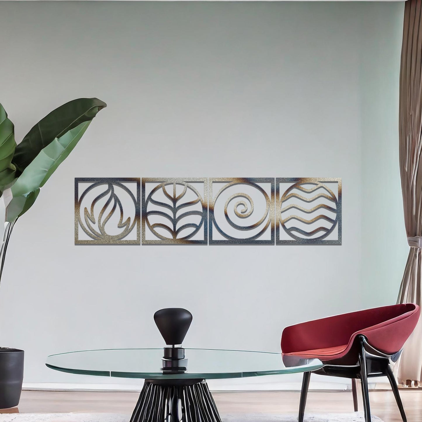 A geometric representation of the four classical elements: fire, earth, air, and water, displayed in a minimalist, rust-effect design. Each symbol is framed for a balanced and artistic look.