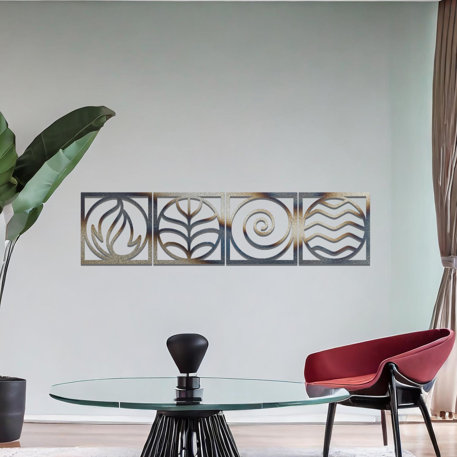 A geometric representation of the four classical elements: fire, earth, air, and water, displayed in a minimalist, rust-effect design. Each symbol is framed for a balanced and artistic look.
