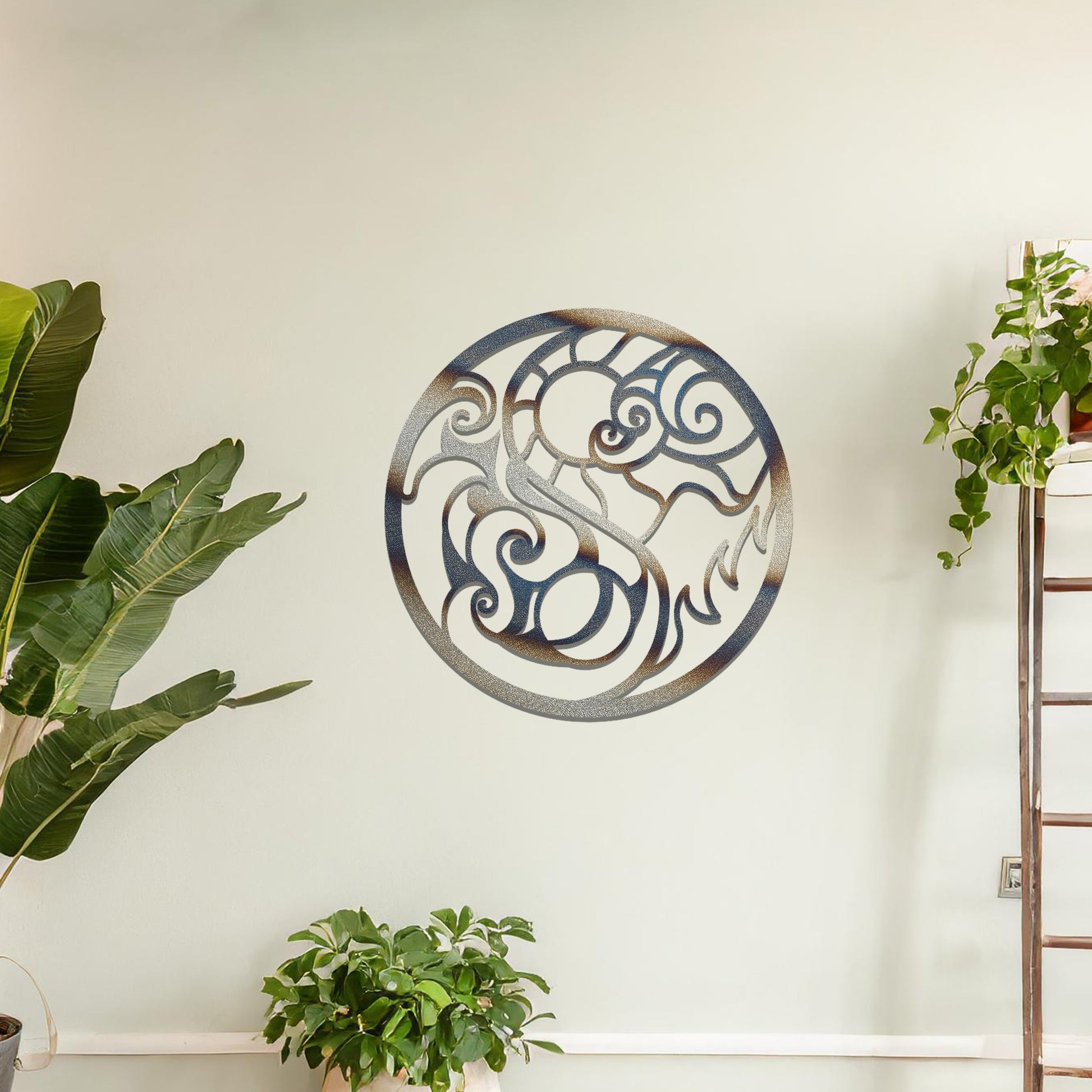 Intricate swirling design forming a circular shape, with dynamic lines representing movement and contrast. The art is displayed on a neutral wall in a stylish room with modern decor and vibrant flowers.