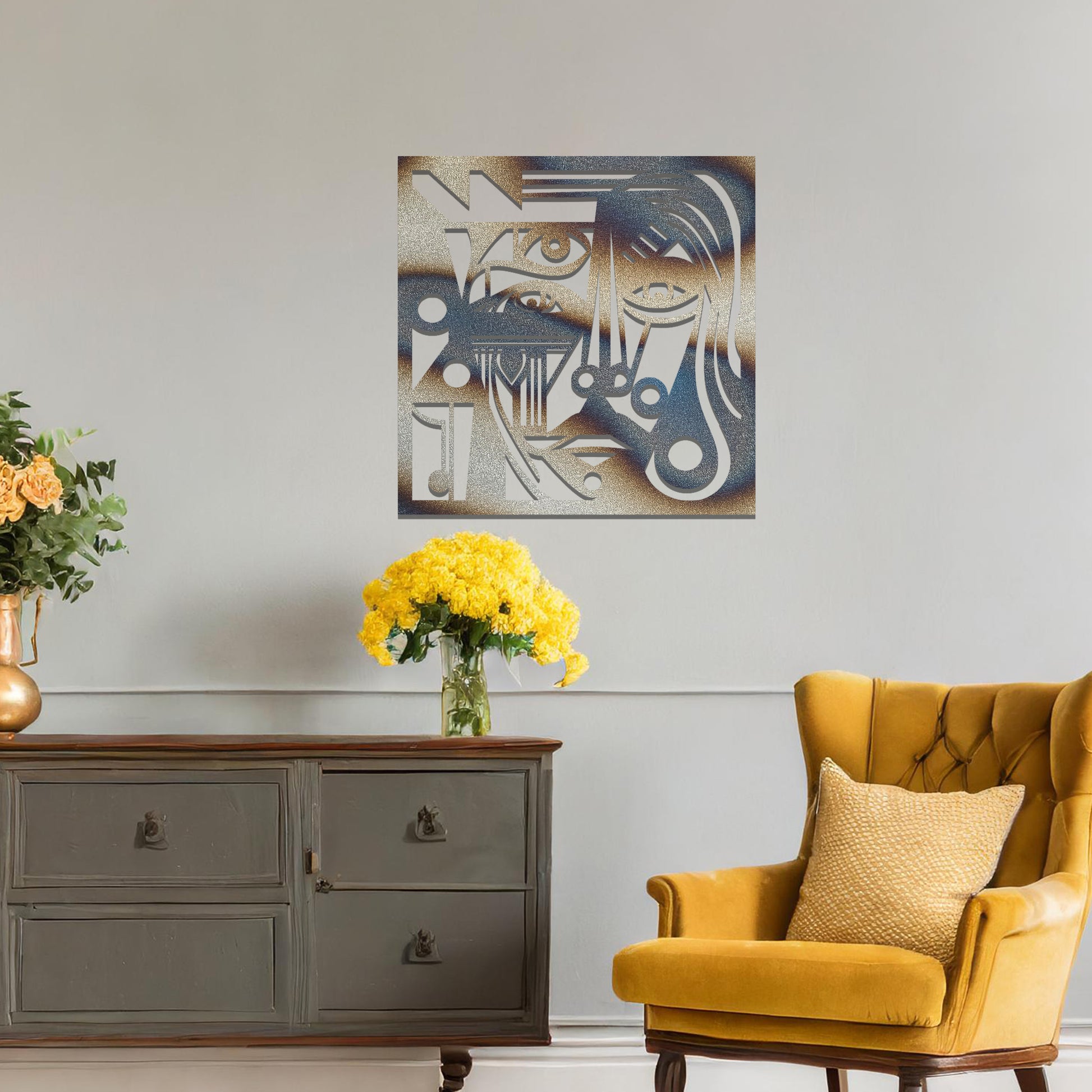 Abstract geometric face design with bold lines, circles, and angles, creating a striking, stylized portrait. The art is displayed on a neutral wall in a modern room setting with minimalistic decor.