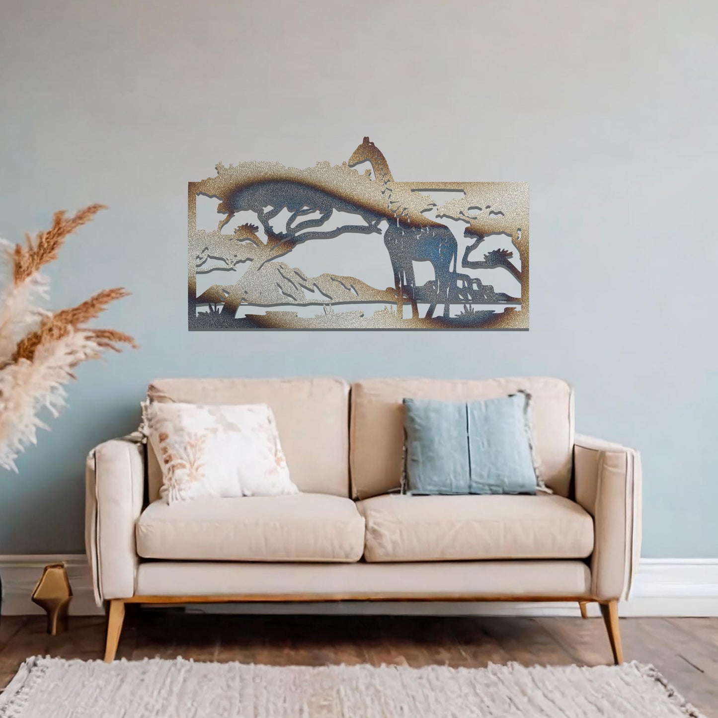 A stunning wall art piece showcasing a giraffe standing gracefully beneath a tree, set against a backdrop of mountains and an expansive savanna landscape. Perfect for bringing an essence of wildlife into your space.