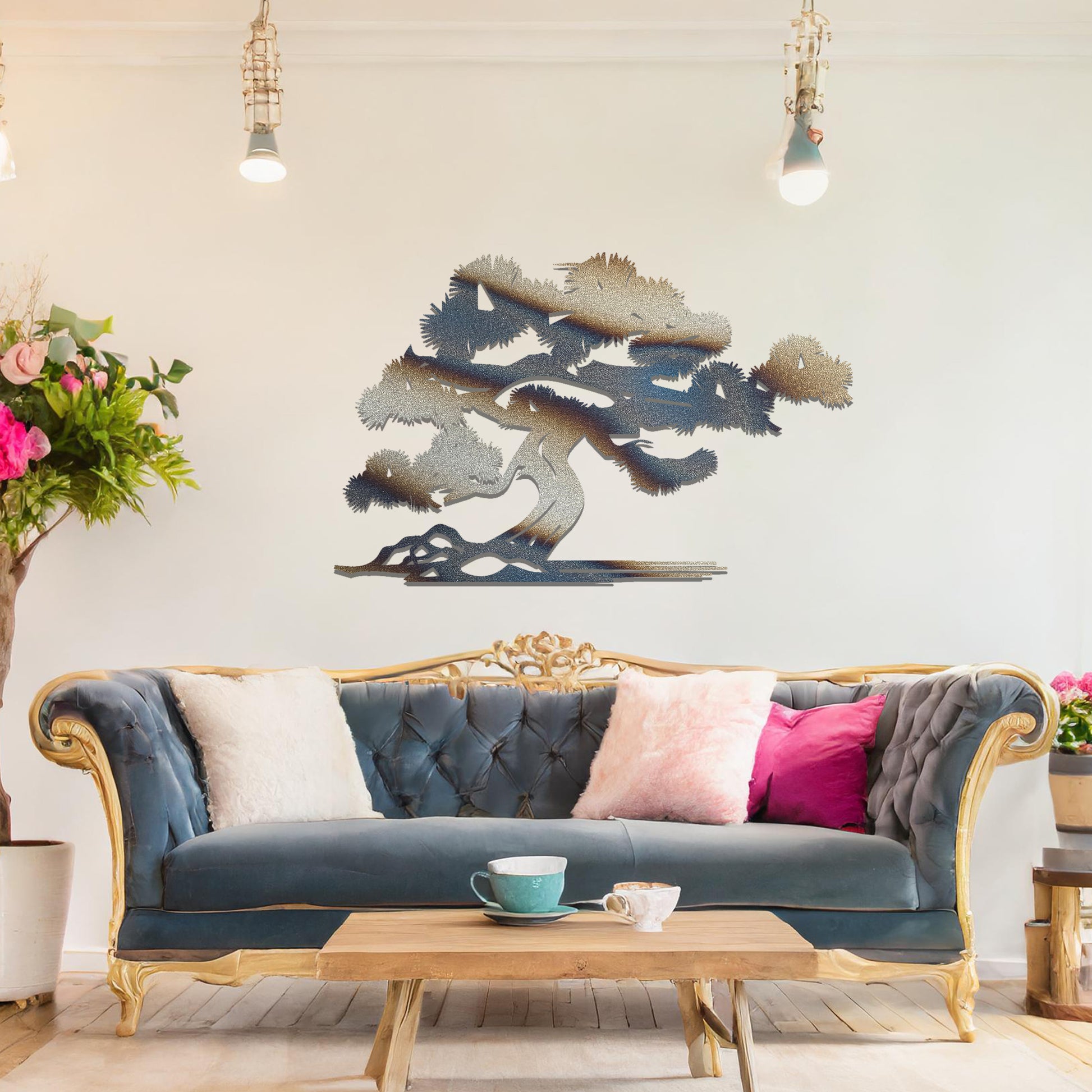 Metal wall art showcasing a serene bonsai tree design with flowing branches and a textured trunk, adding an artistic and calming element to the living space.